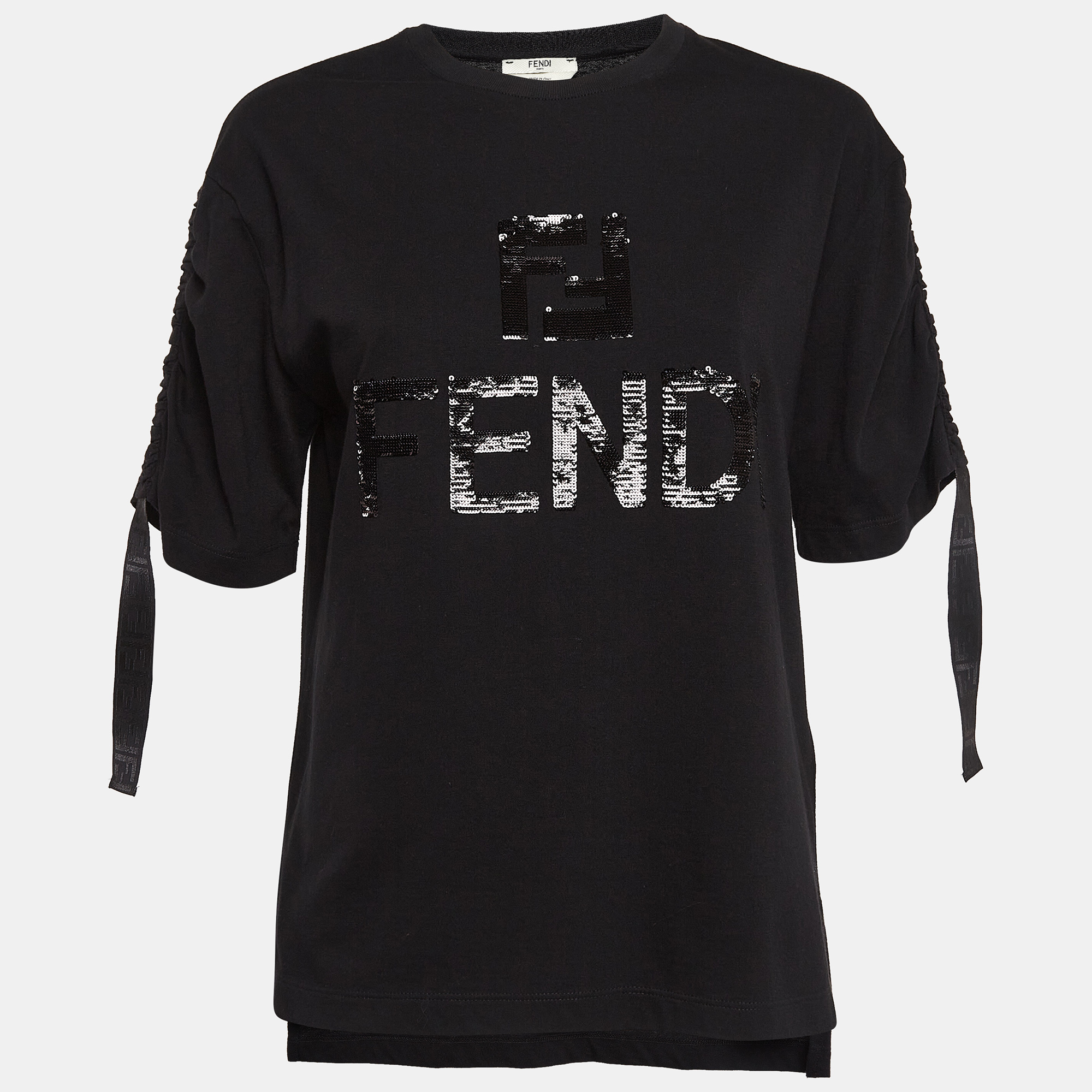 

Fendi Black Logo Sequin Embellished Cotton Knit Tape Detail Top XS