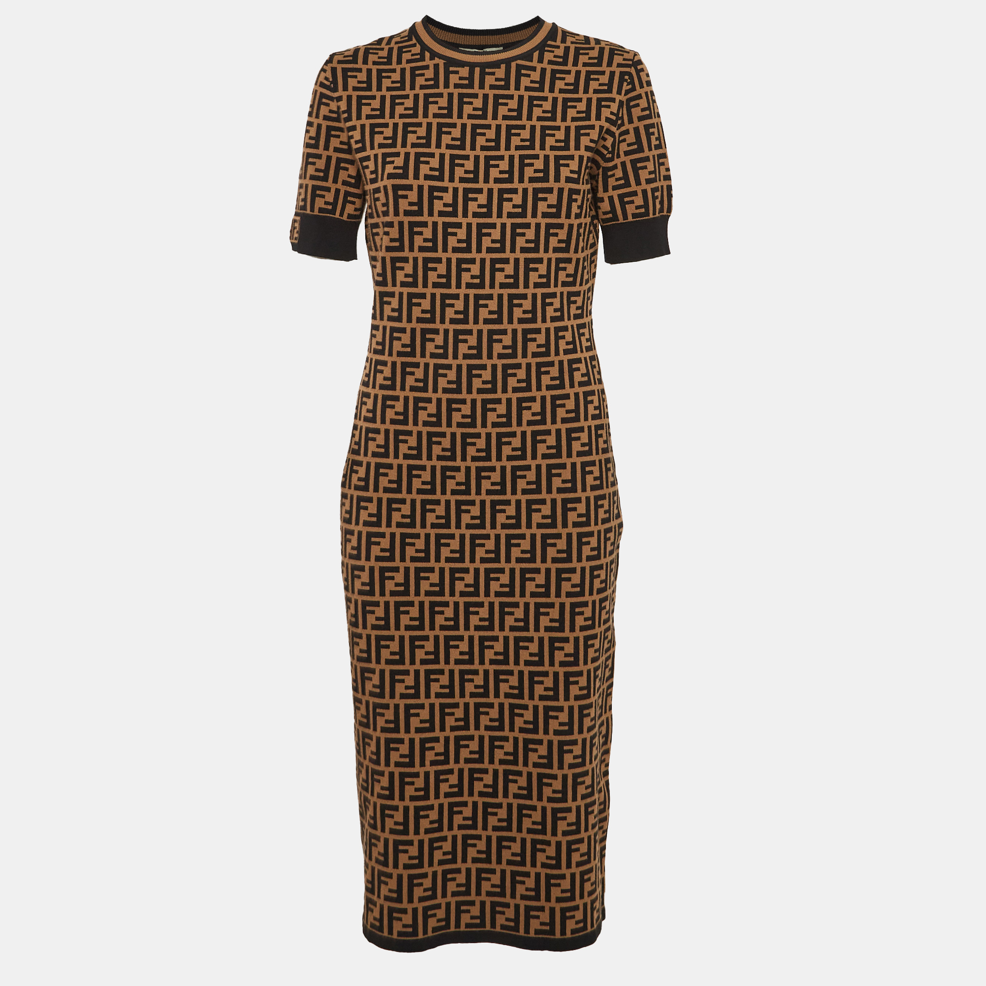 

Fendi Brown Zucca Knit Round Neck MIdi Dress M