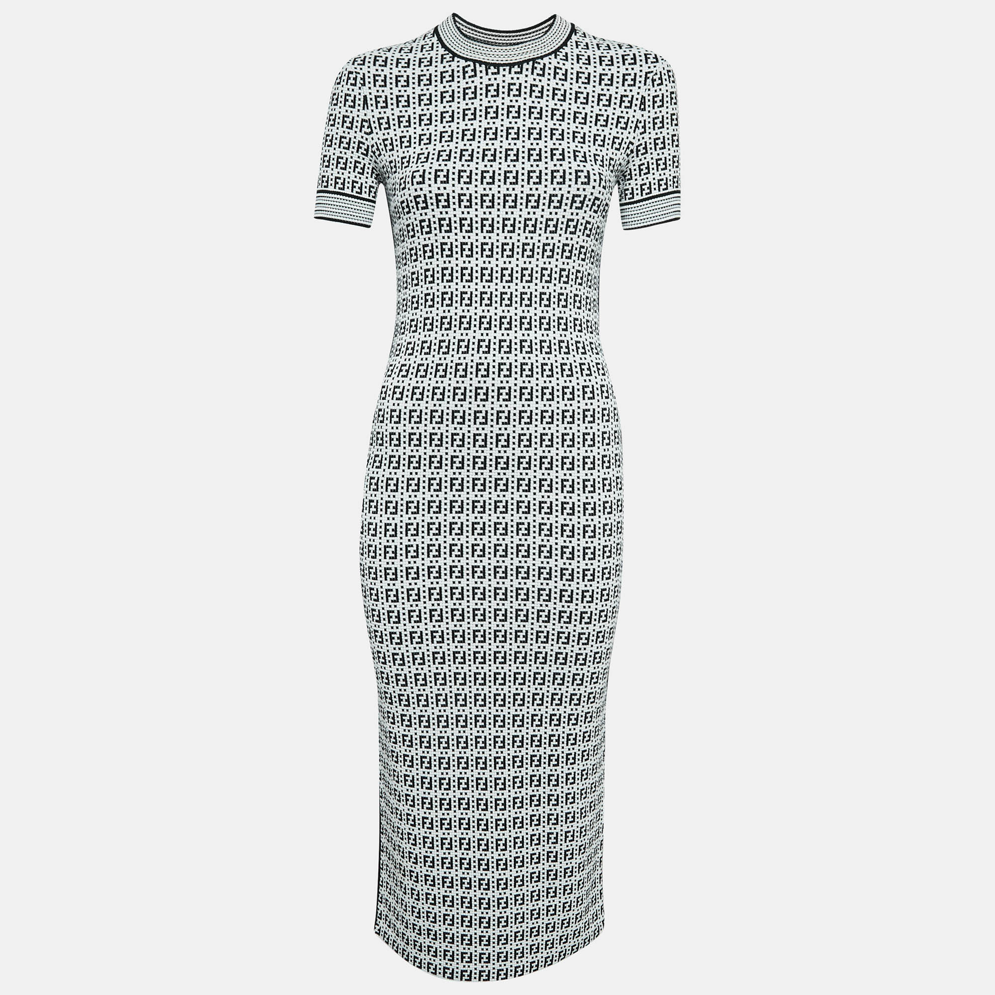 

Fendi White/Black Zucca Jacquard Knit Bodycon Midi Dress S