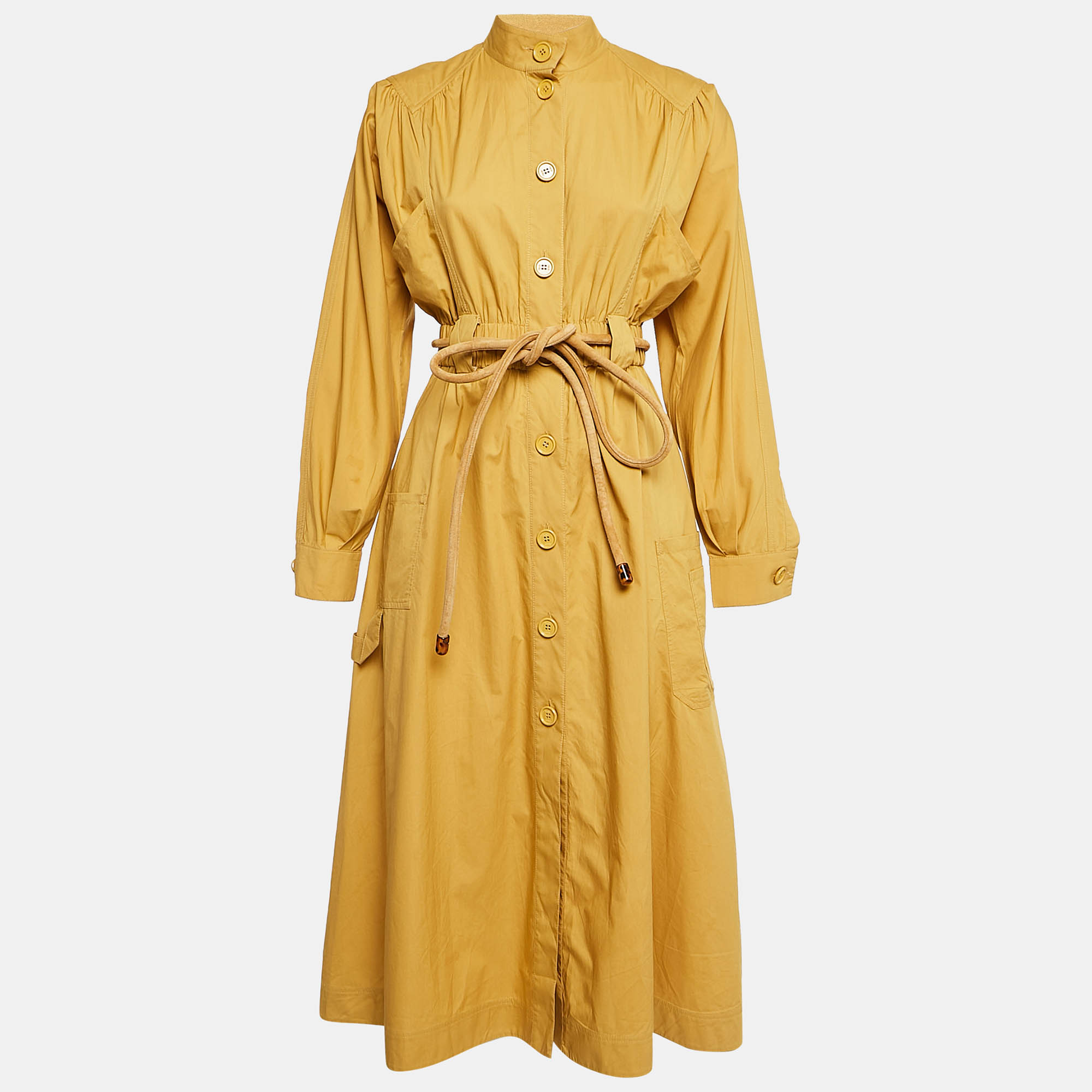 

Fendi Mustard Yellow Cotton Button Front Belted Midi Dress S