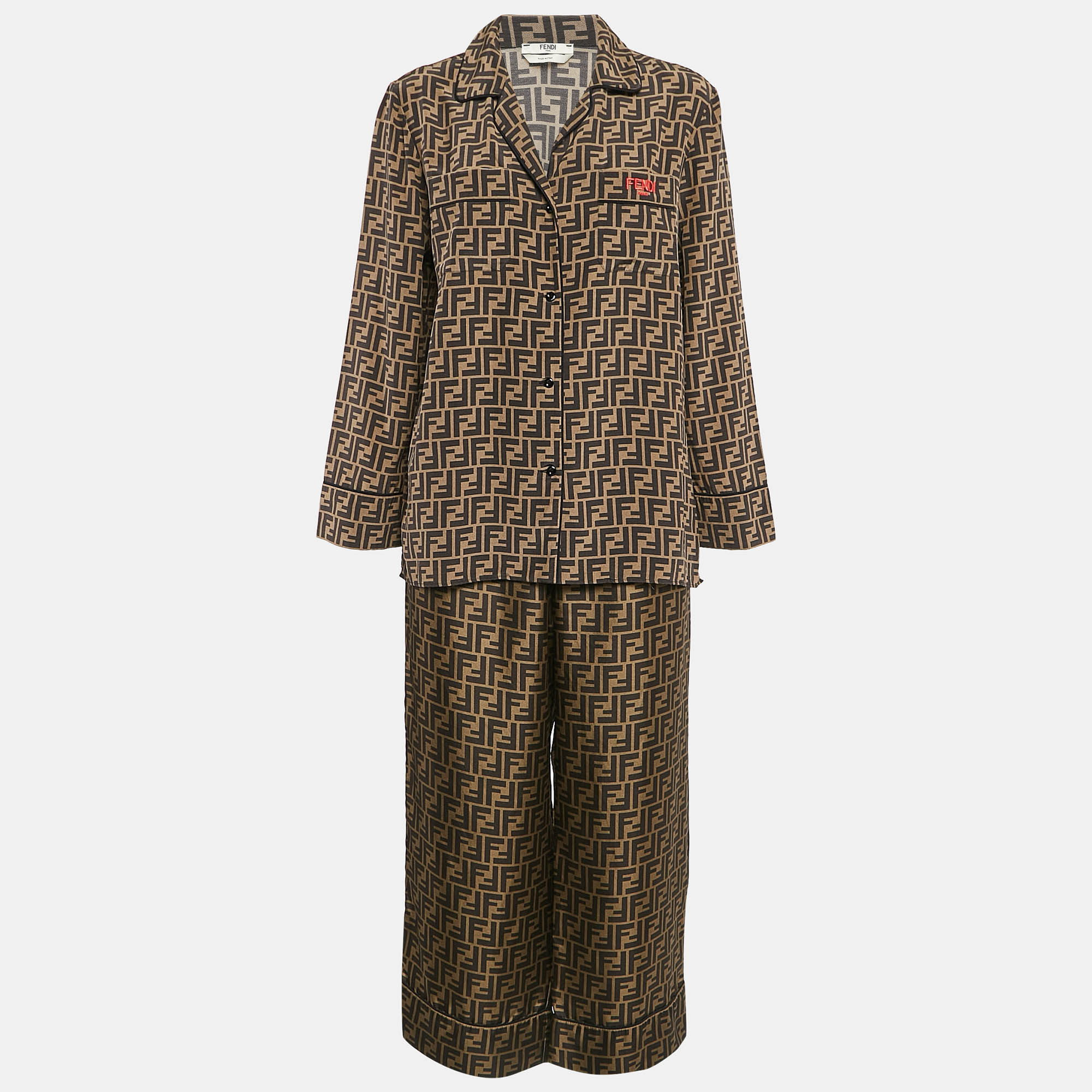 Pre-owned Fendi Brown Zucca Print Silk Shirt And Pajama Set M