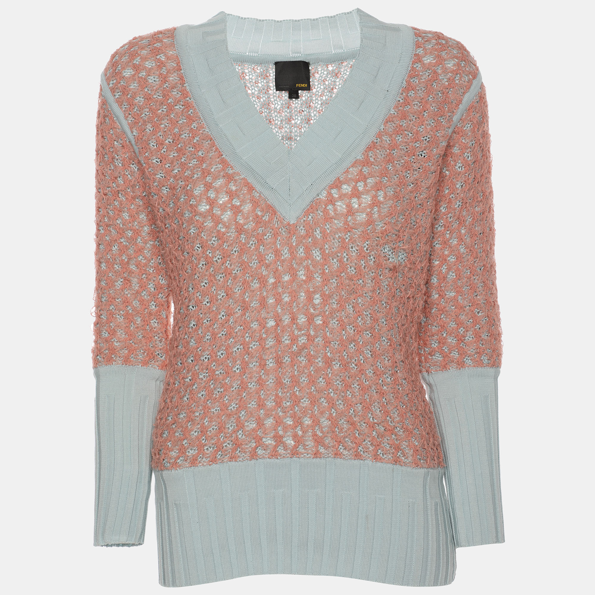 

Fendi Peach/Light Blue Cotton Knit Blend Sweater S, Pink