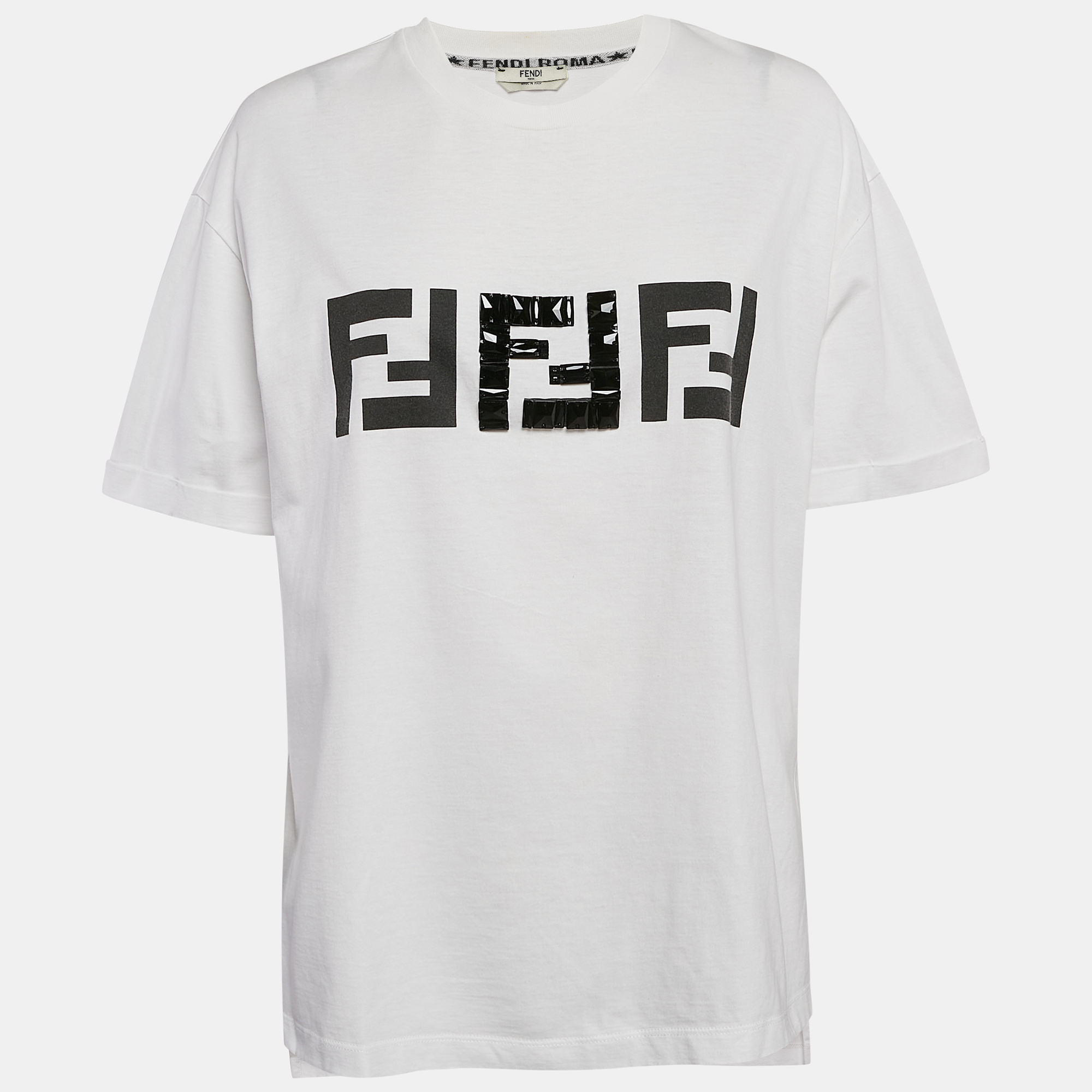 

Fendi White Embellished Logo Cotton Oversized T-Shirt L