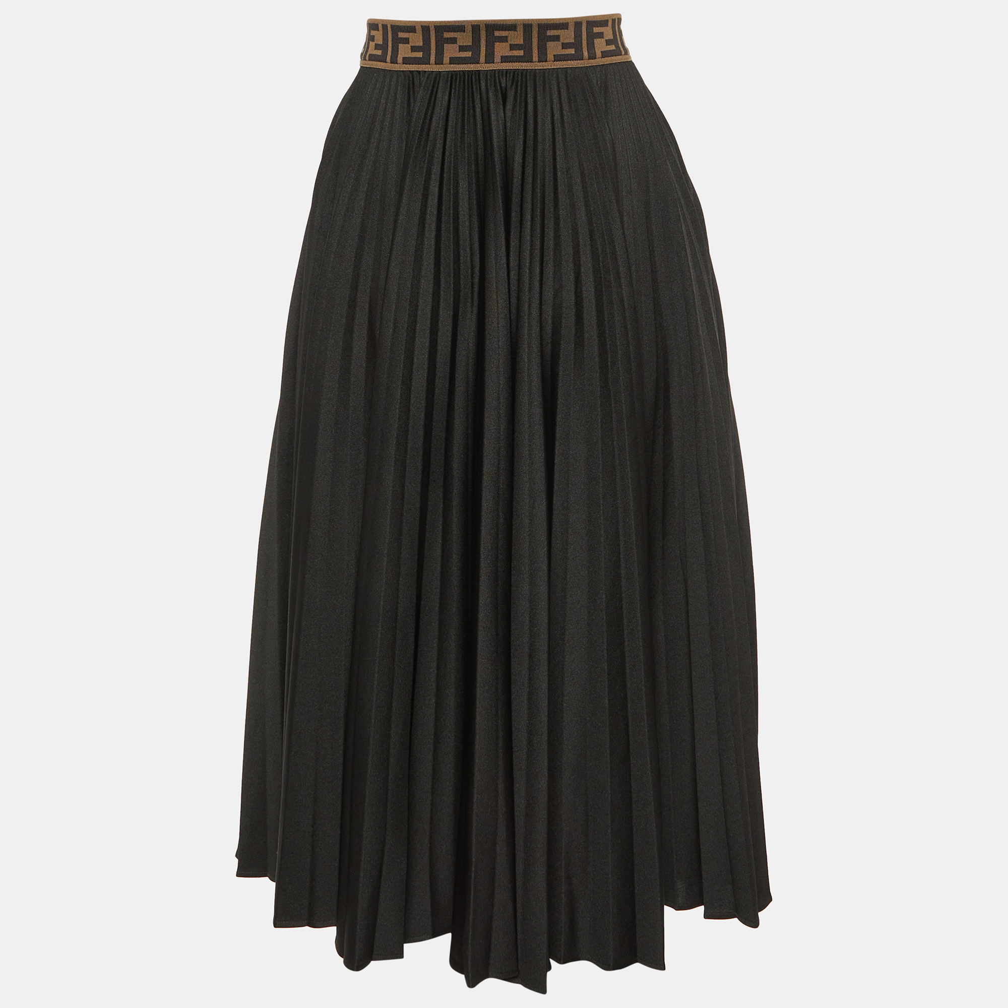 

Fendi Black Jersey Logo Waist Band Pleated Midi Skirt S