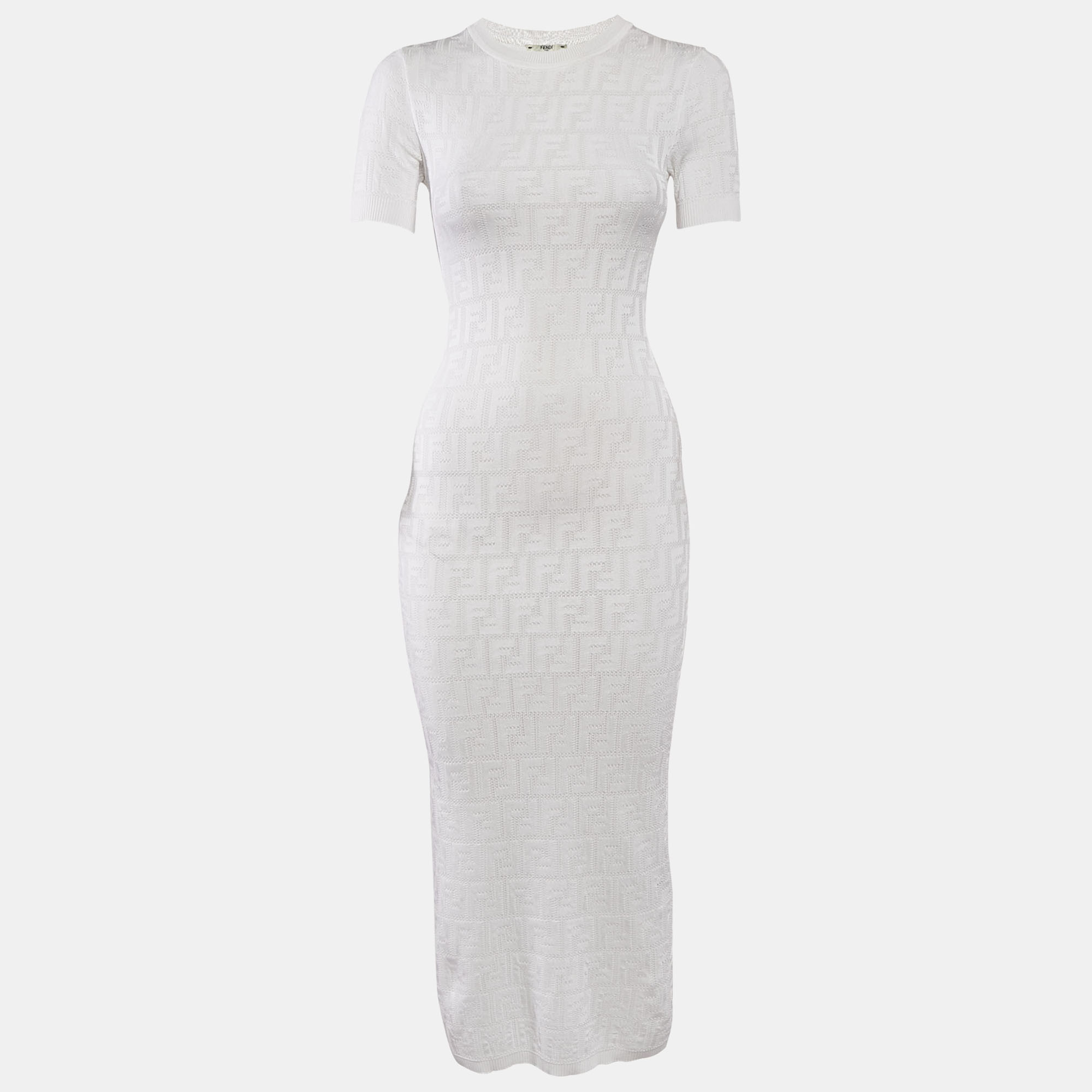 

Fendi White FF Monogram Jacquard Knit Midi Sheath Dress XS