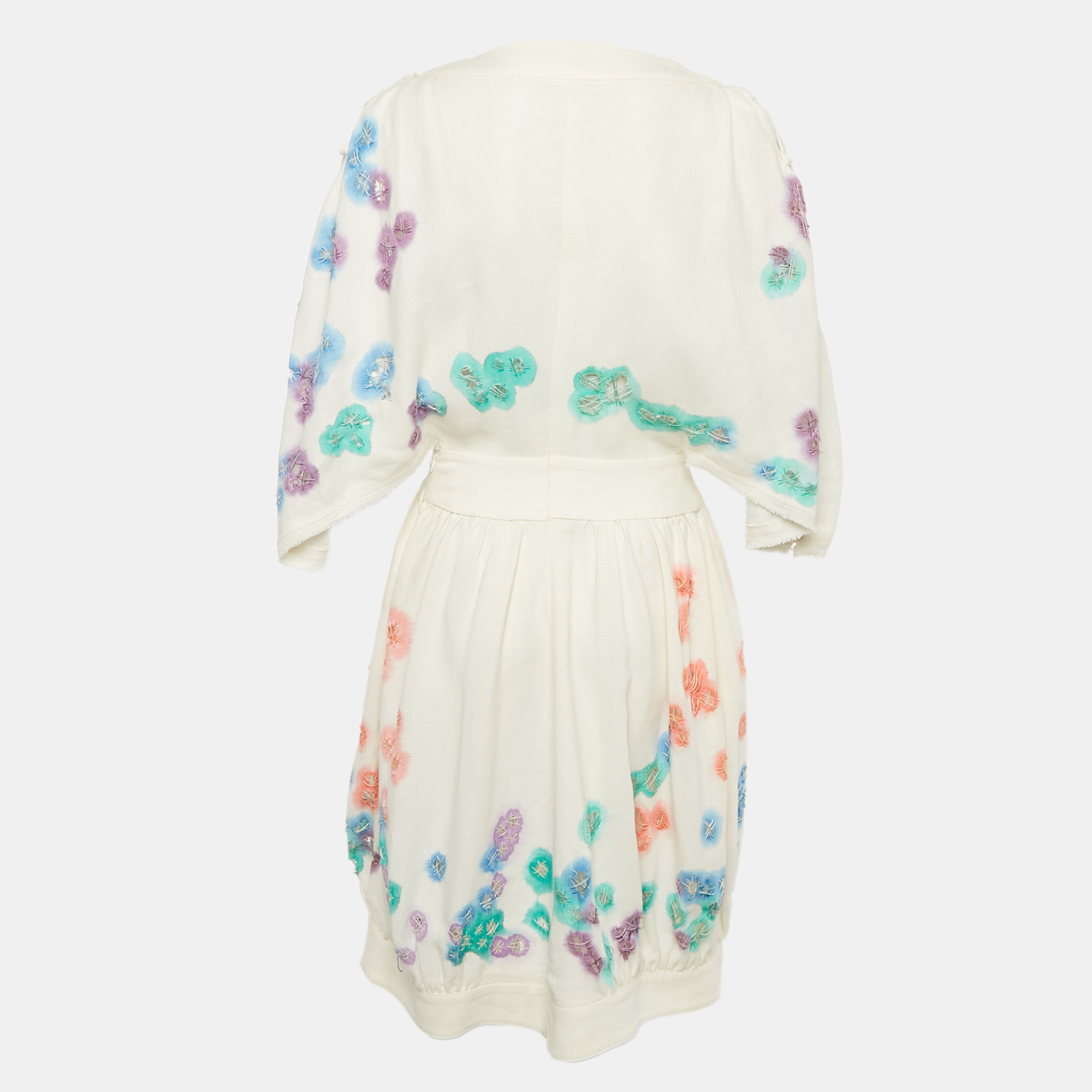 Fendi White Multicolor Distressed Linen Cut-Out Detail Short Dress M 