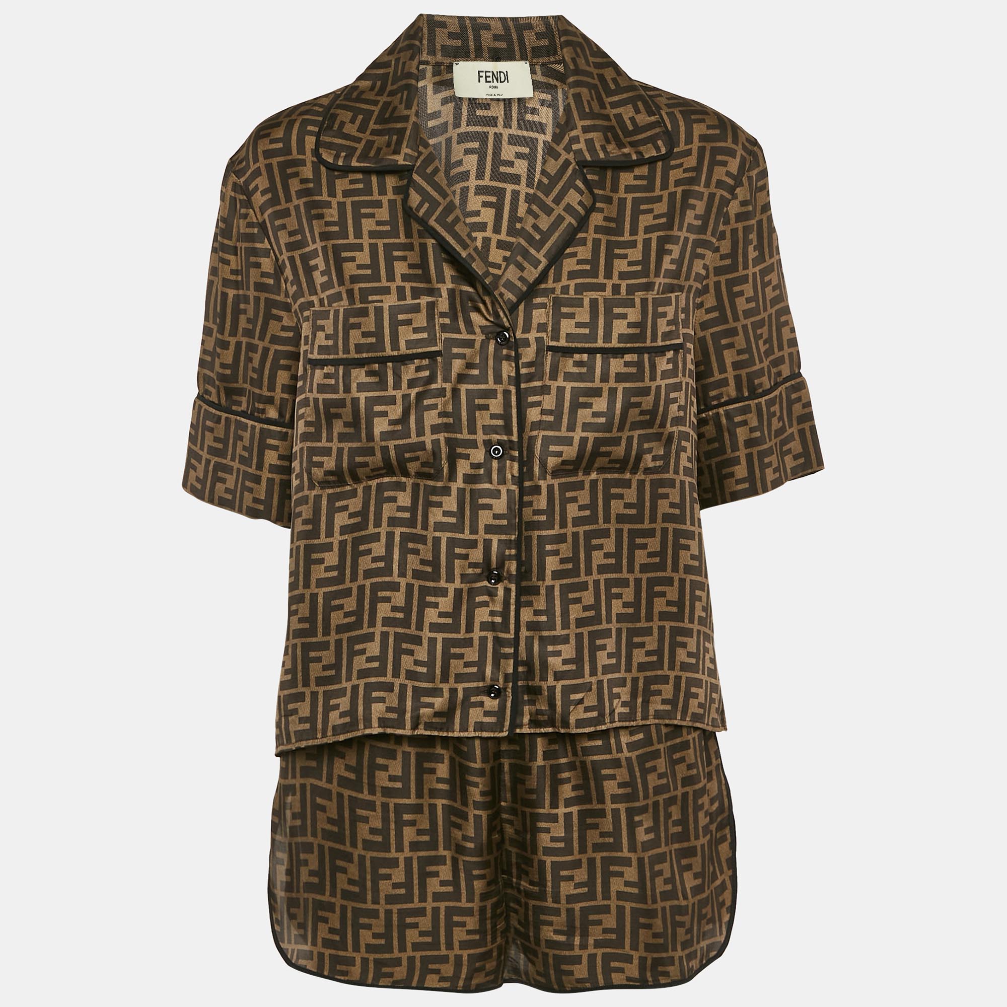 

Fendi Brown Zucca Print Silk Pajama Top & Shorts M