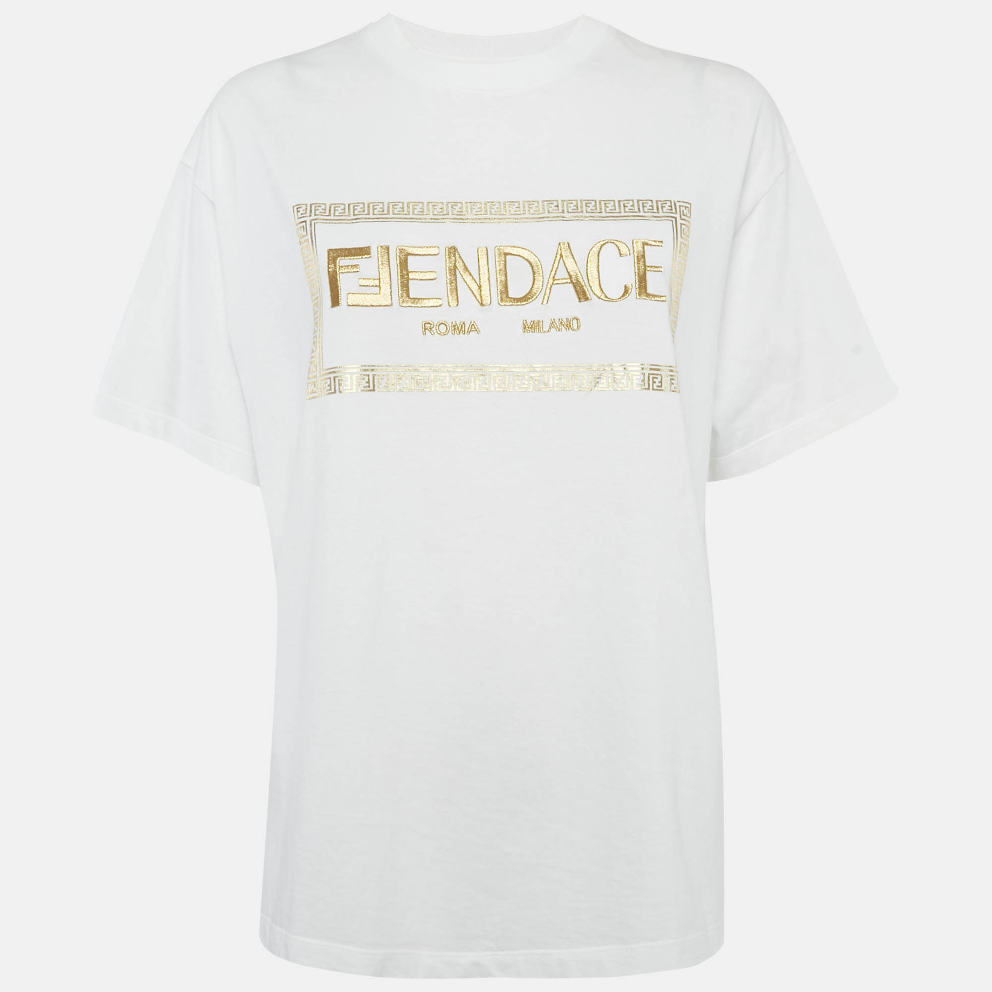 

Fendi White Logo Embellished Cotton Crew Neck T-Shirt M