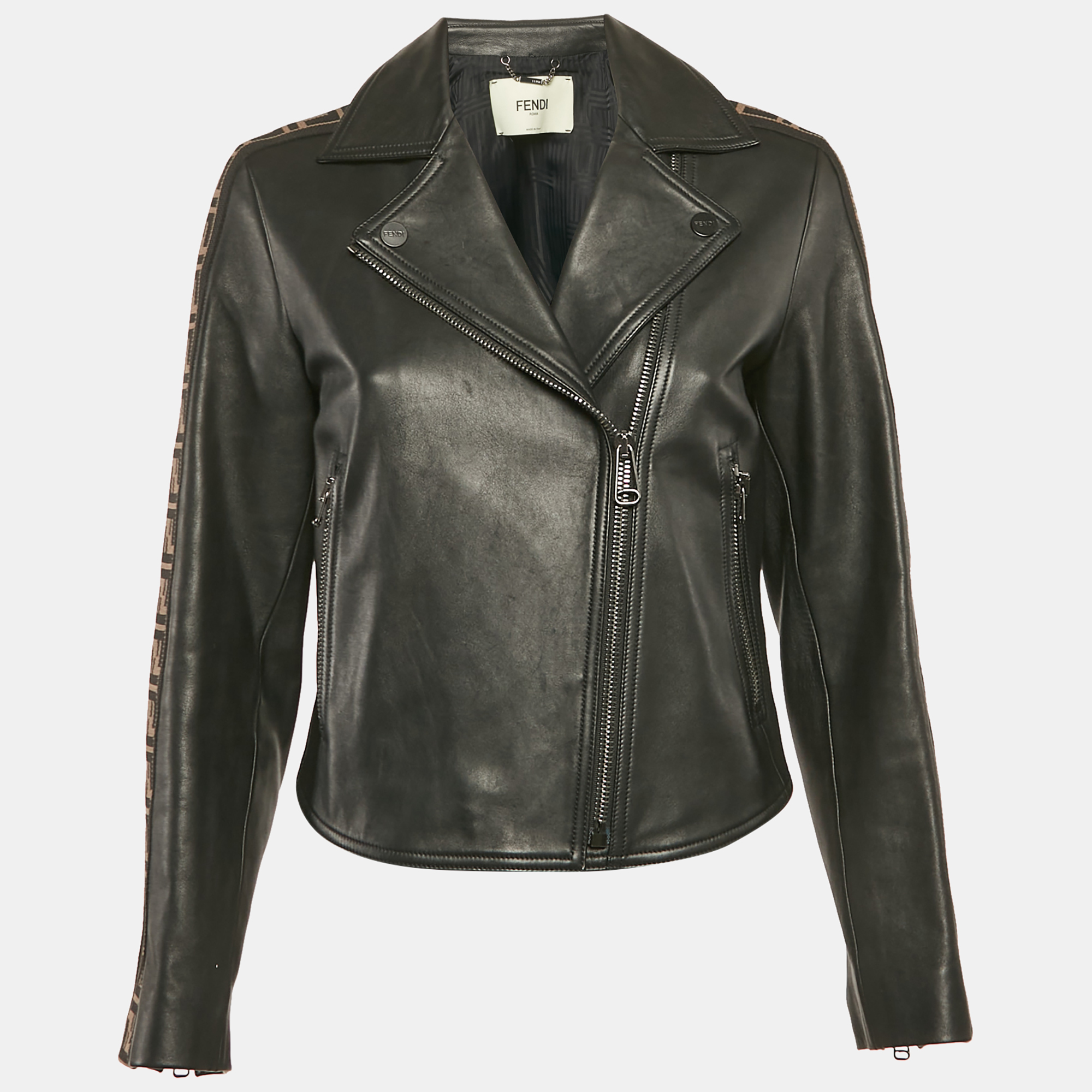 

Fendi Black Zucca Side Tape Leather Zip-Up Jacket S