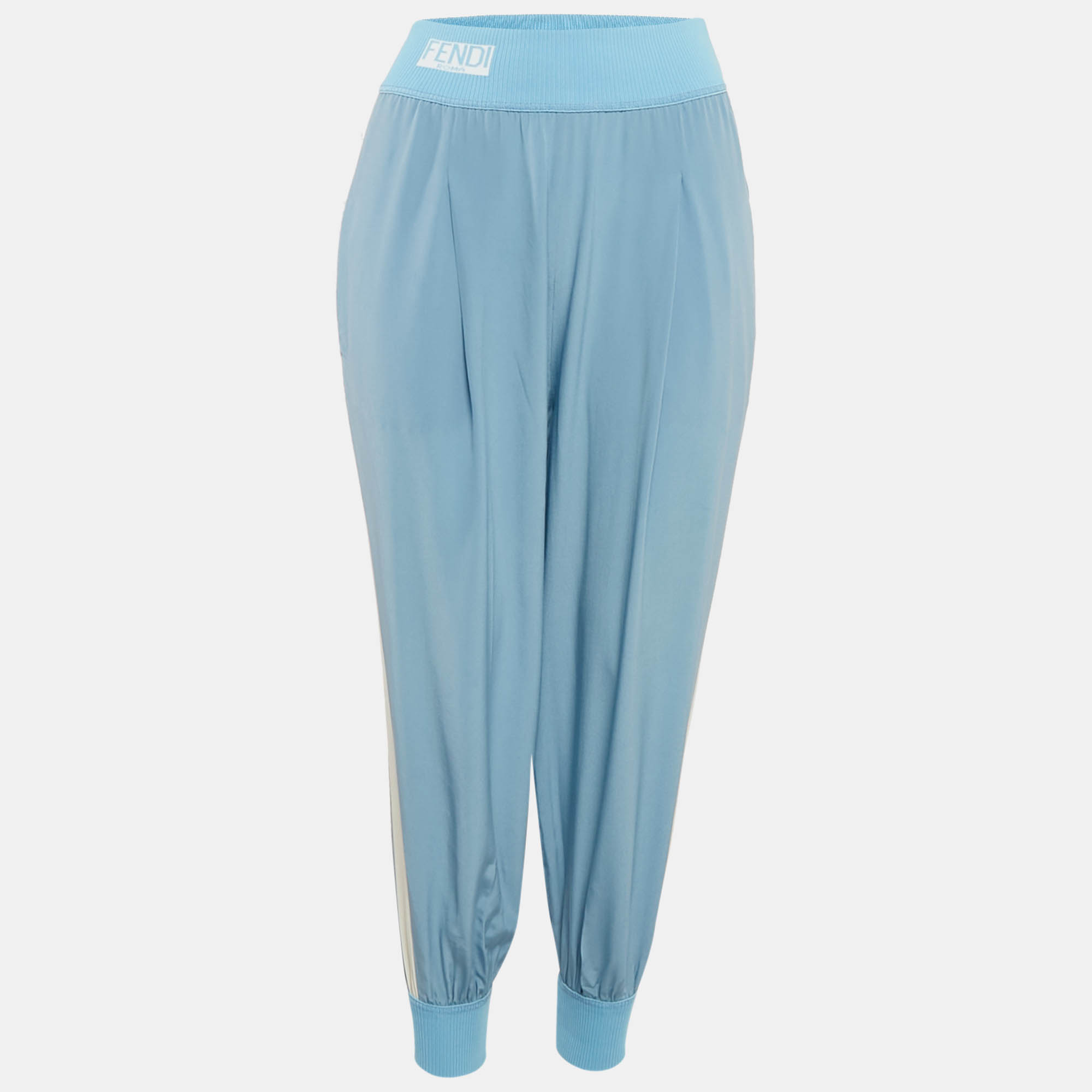 

Fendi Blue Silk Side Stripe Detail Pleated Joggers S