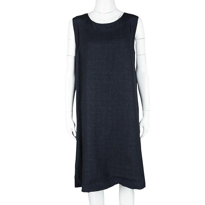 

Fendi Navy Blue Silk Textured Panel Detail Sleeveless Shift Dress