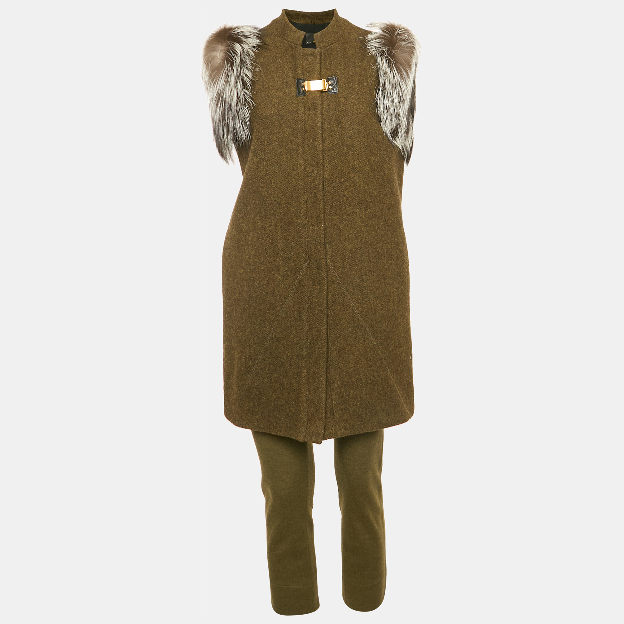 

Fendi Green Wool and Fur Trim Jacket and Leggings Set M/S