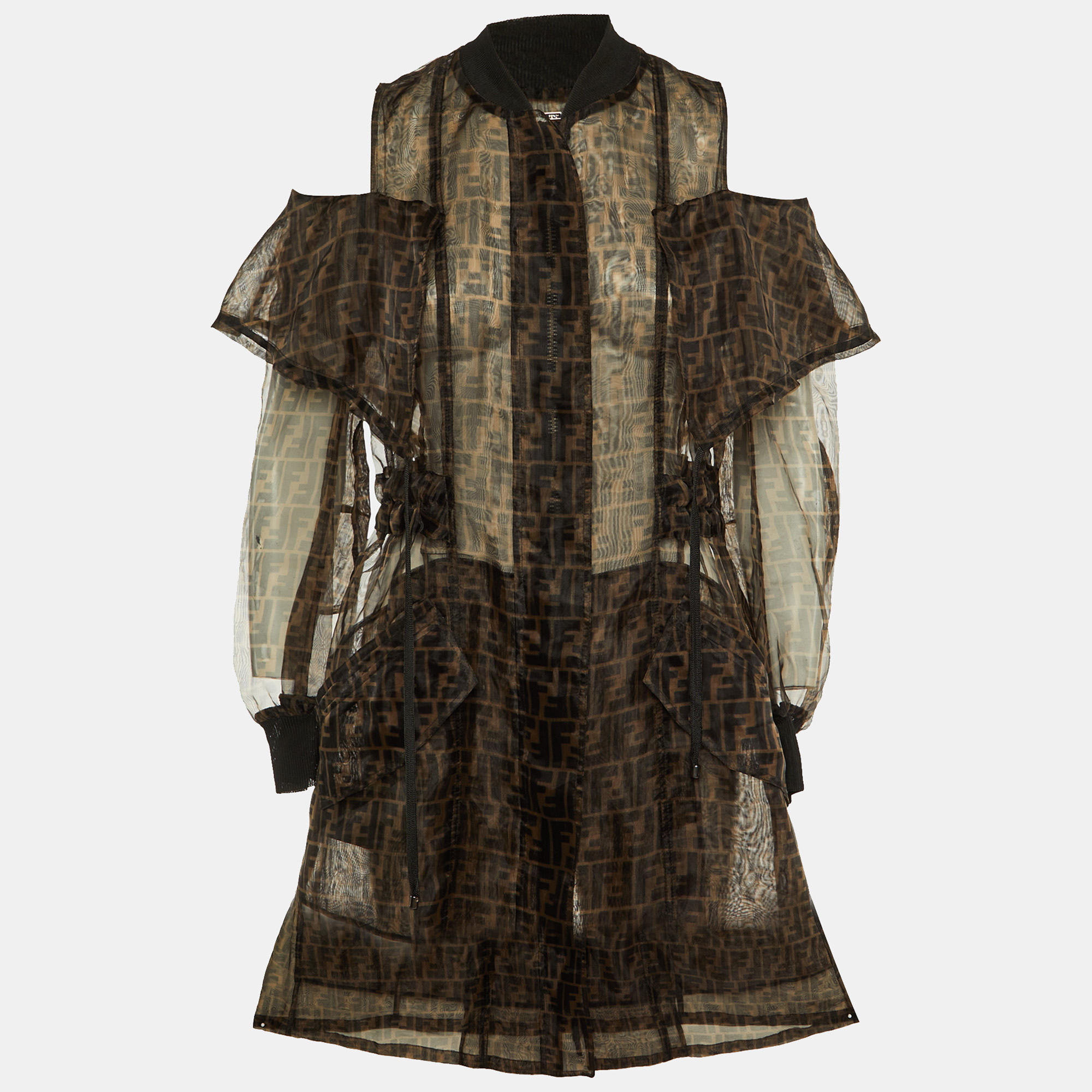 

Fendi Brown Zucca Monogram Organza Sheer Cold Shoulder Coat S