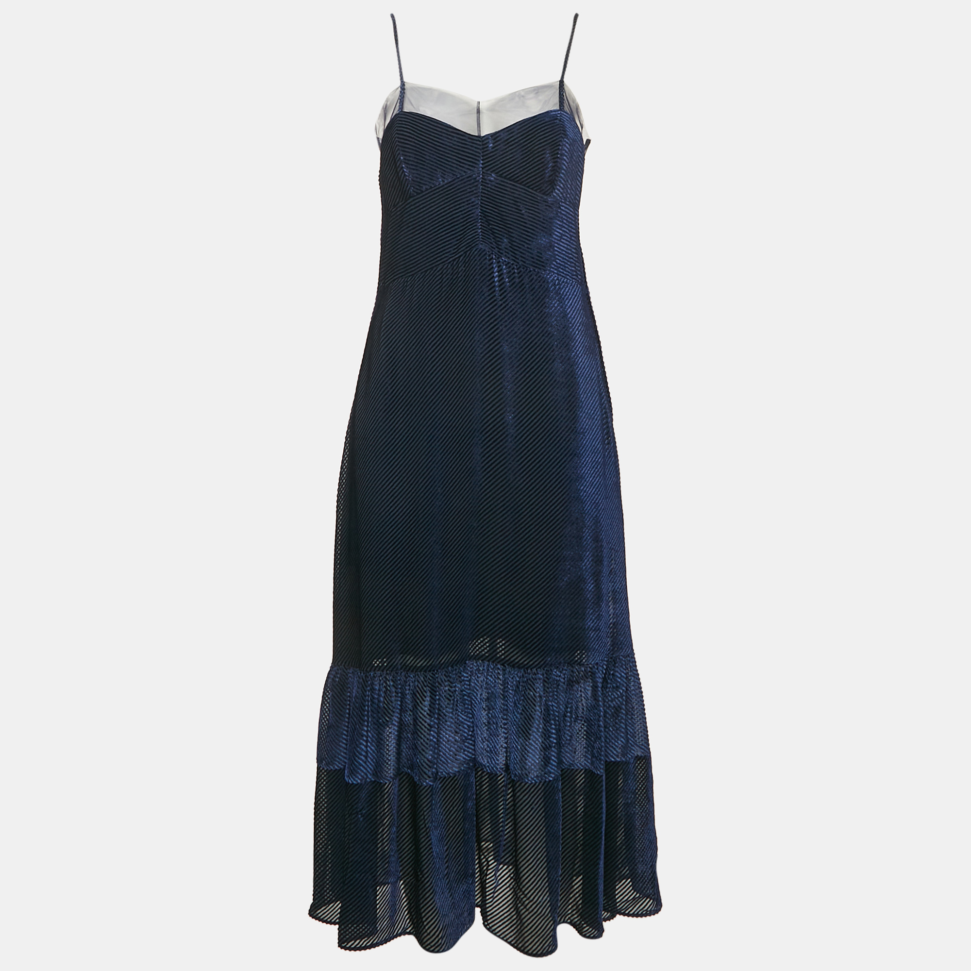 

Fendi Navy Blue Diagonal Stripe Velvet Flounce Long Dress S