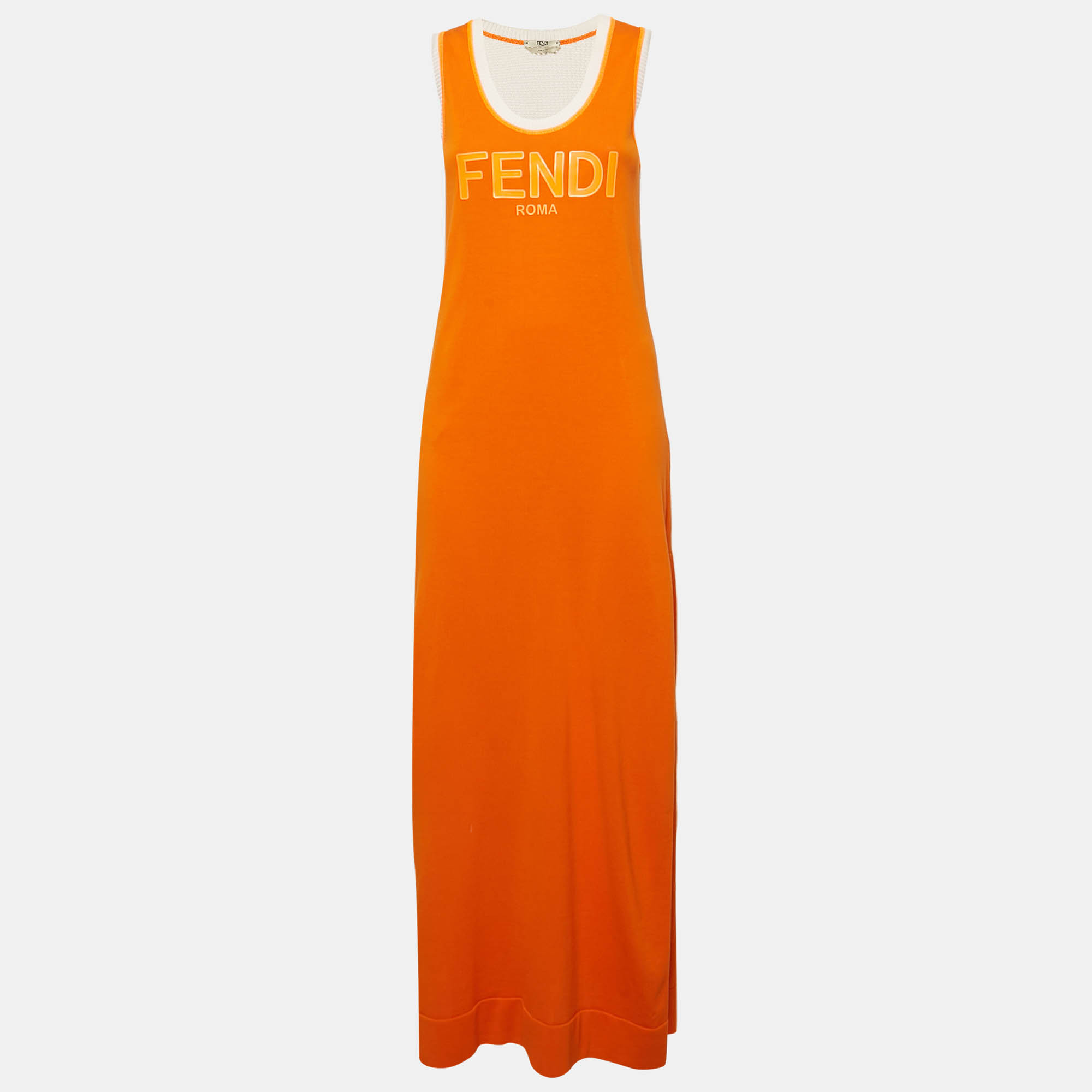 

Fendi Orange Logo Print Knit Mesh Panel Detail Sleeveless Long Dress S
