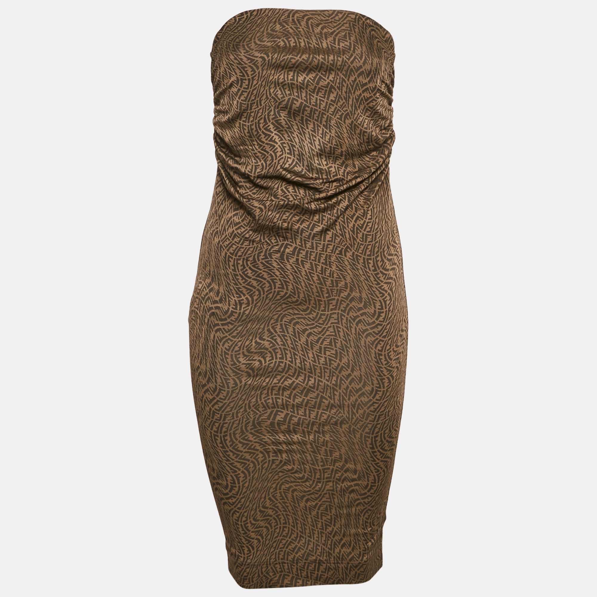 

Fendi Brown Monogram Jacquard Knit Ruched Midi Dress S