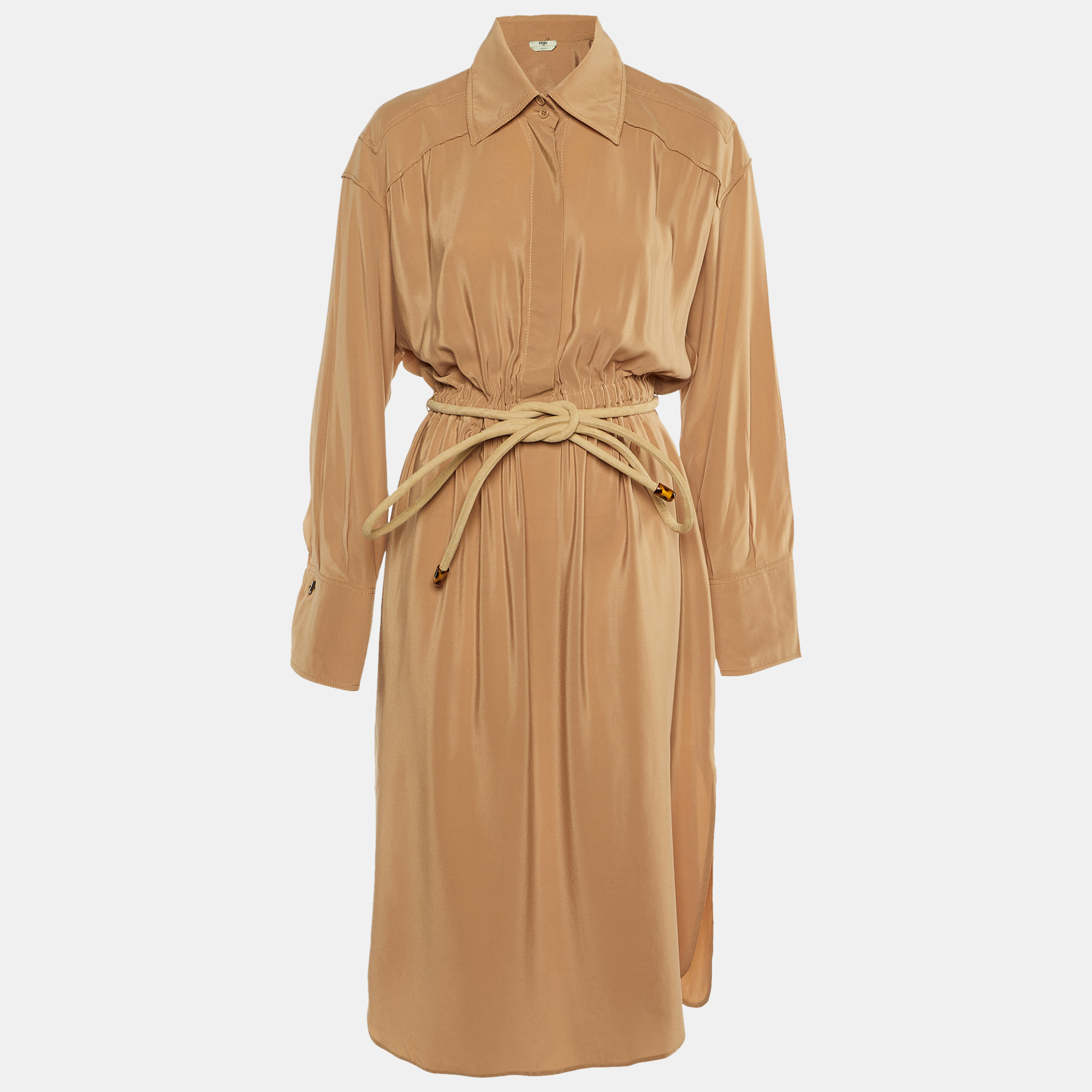 

Fendi Beige Silk Crepe Belted Shirt Dress M