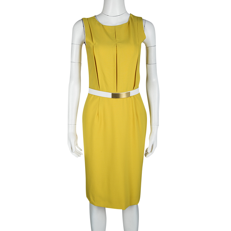 

Fendi Yellow Wool Stitch Detail Sleeveless Belted Dress