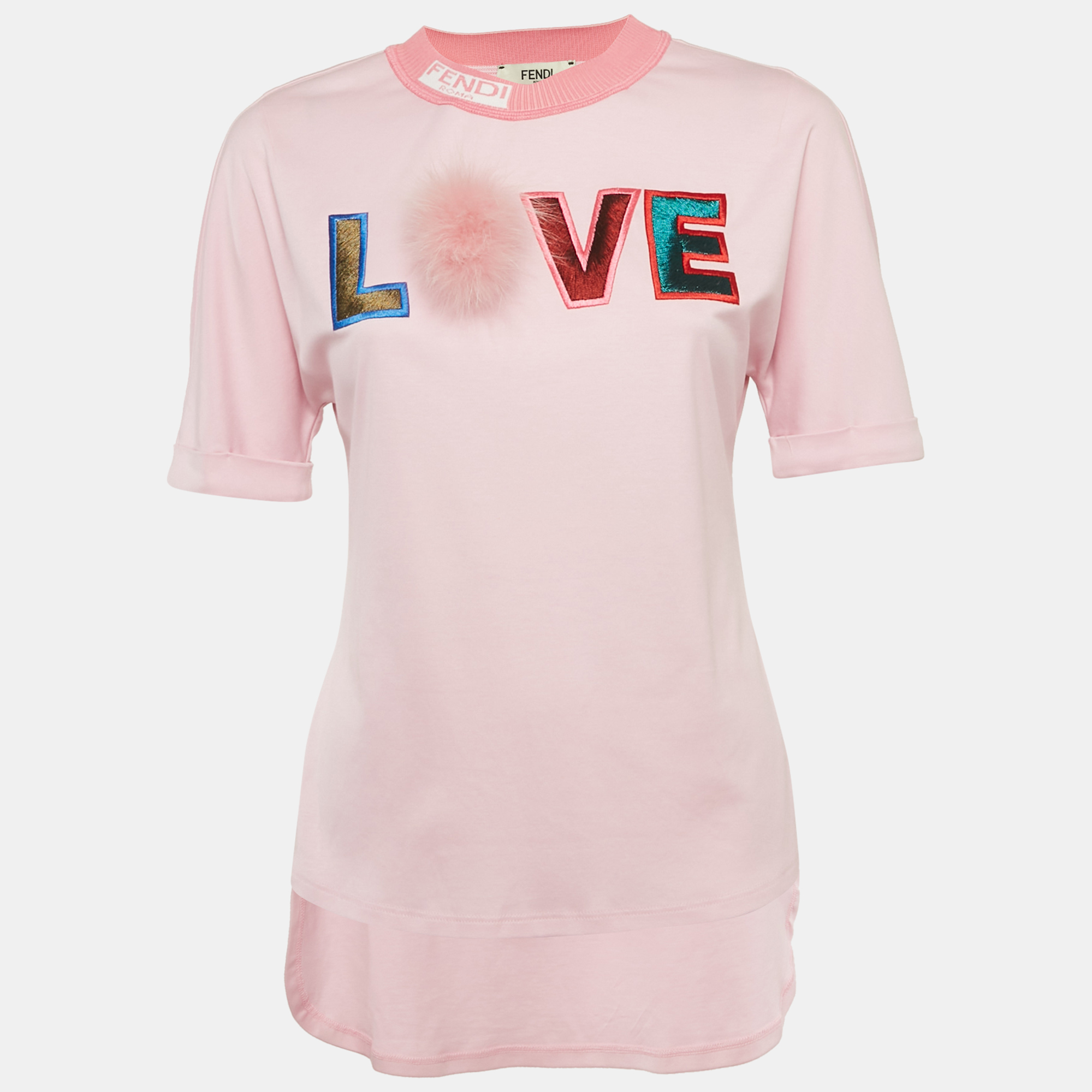 

Fendi Special Edition Pink Fox Fur Trim Jersey T-Shirt XS