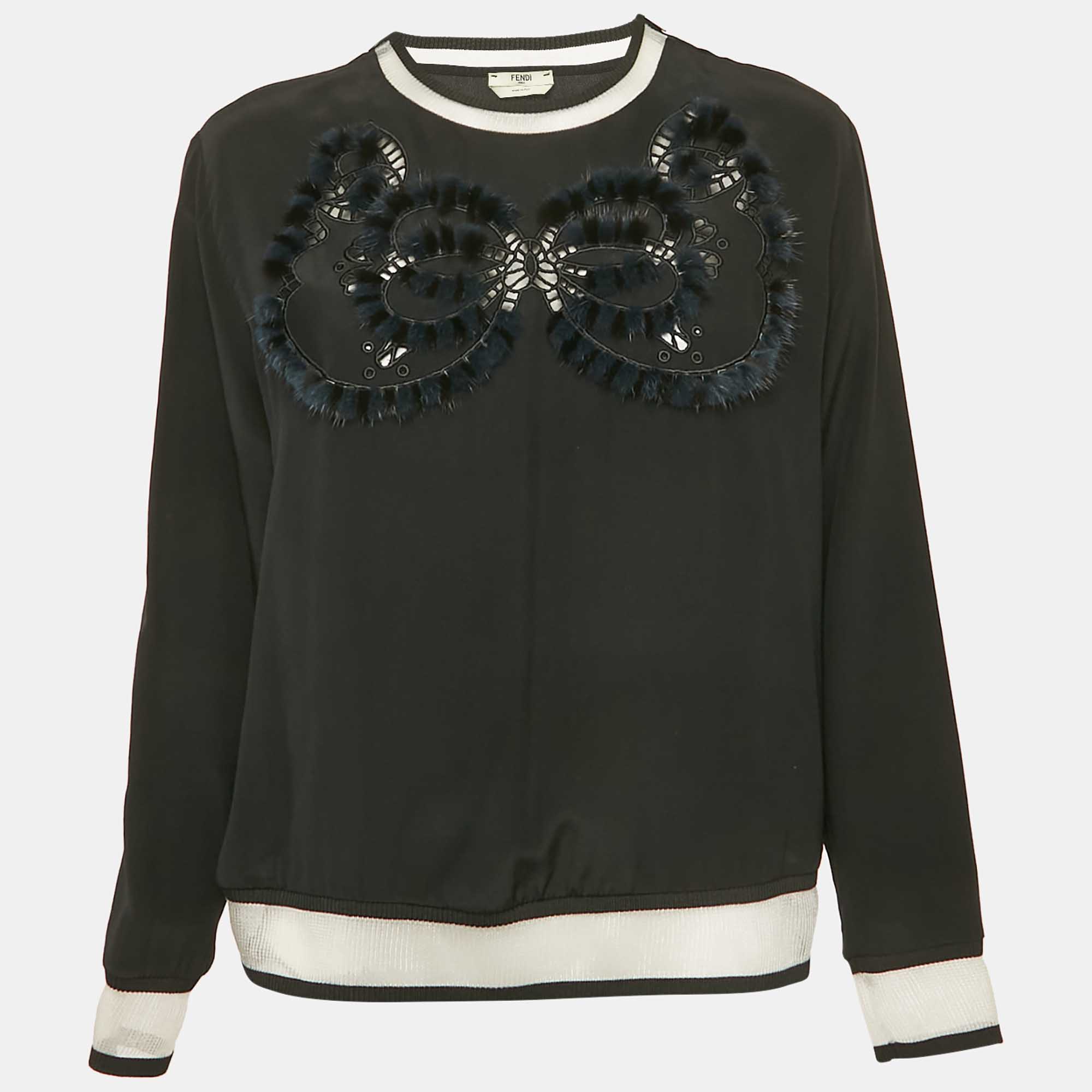 

Fendi Black Silk & Fur Detail Long Sleeve Top M