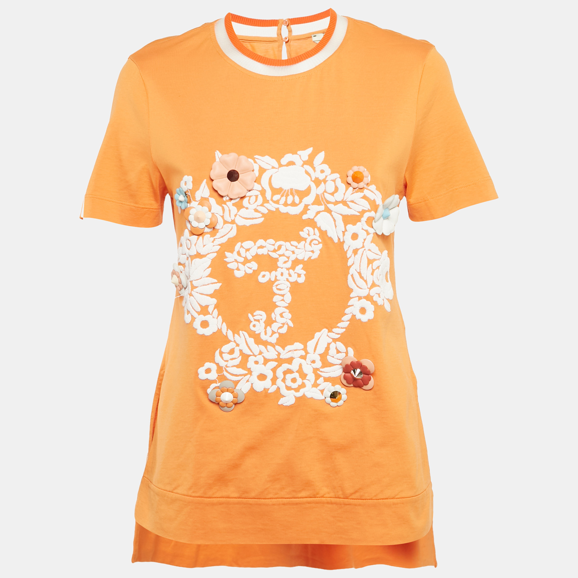 

Fendi Orange Cotton Flowerland Embroidered T-Shirt S