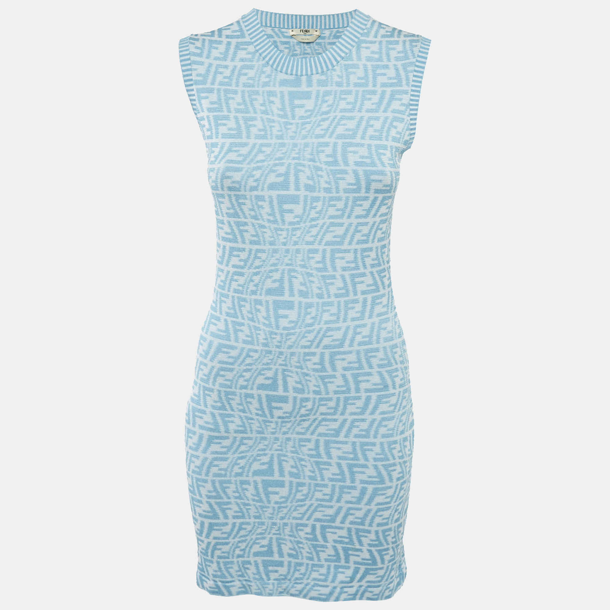 

Fendi Blue FF Zucca Monogram Intarsia Knit Sleeveless Mini Dress S