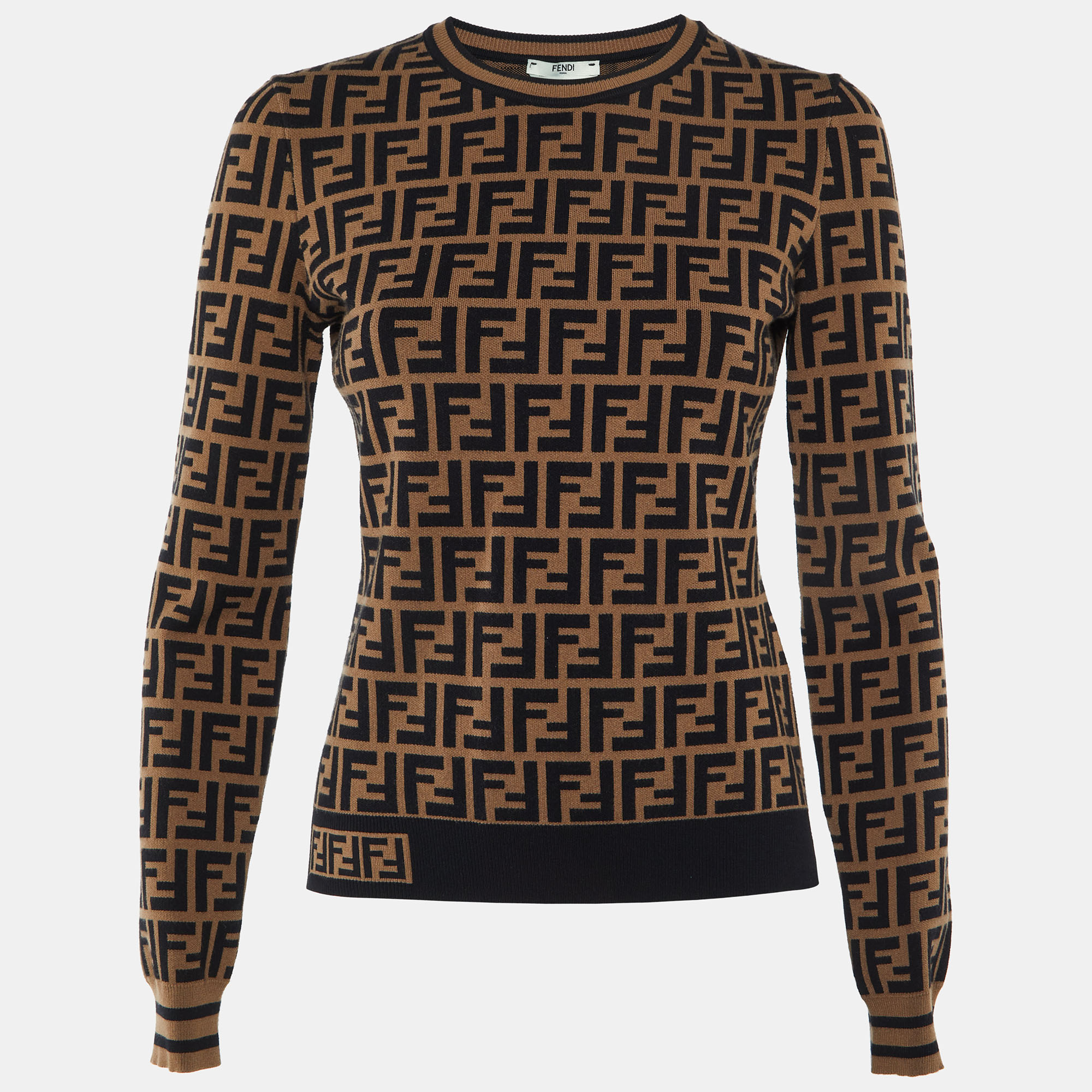 

Fendi Brown Zucca Monogram Knit Crew Neck Jumper S