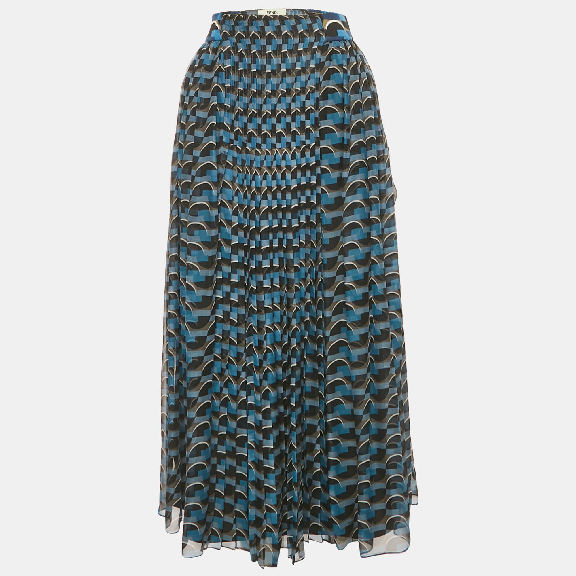

Fendi Blue Geometric Print Silk Pleated Midi Skirt S