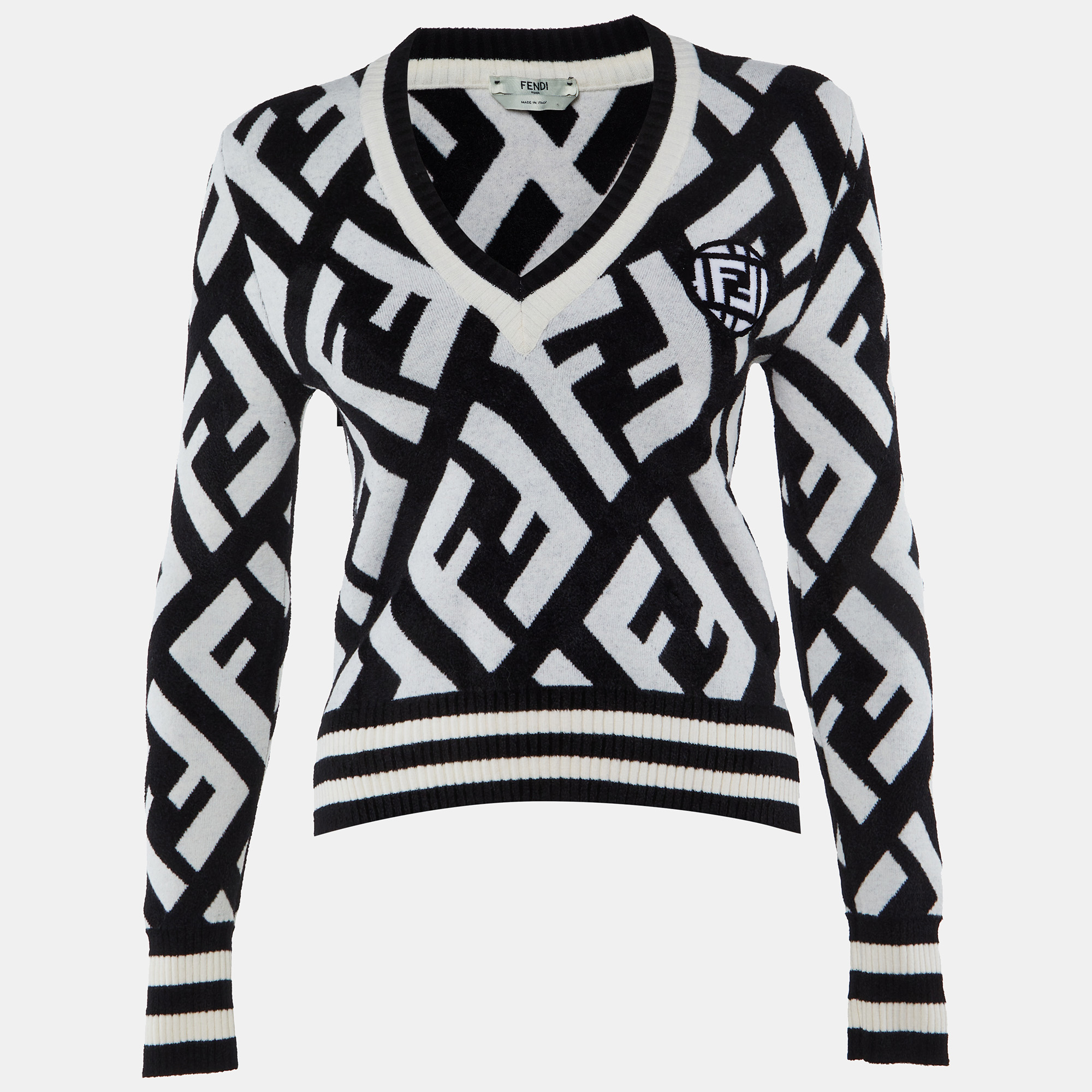 

Fendi Monochrome FF Jacquard Knit V-Neck Pullover XS, Black