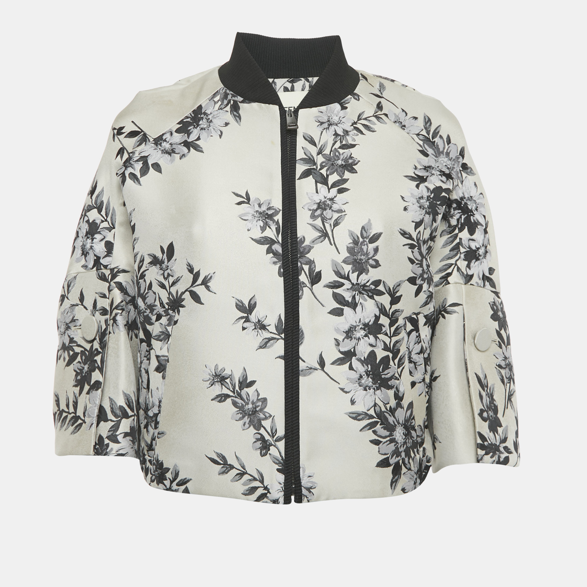

Fendi Beige Floral Jacquard Cropped Zip -Up Jacket XS