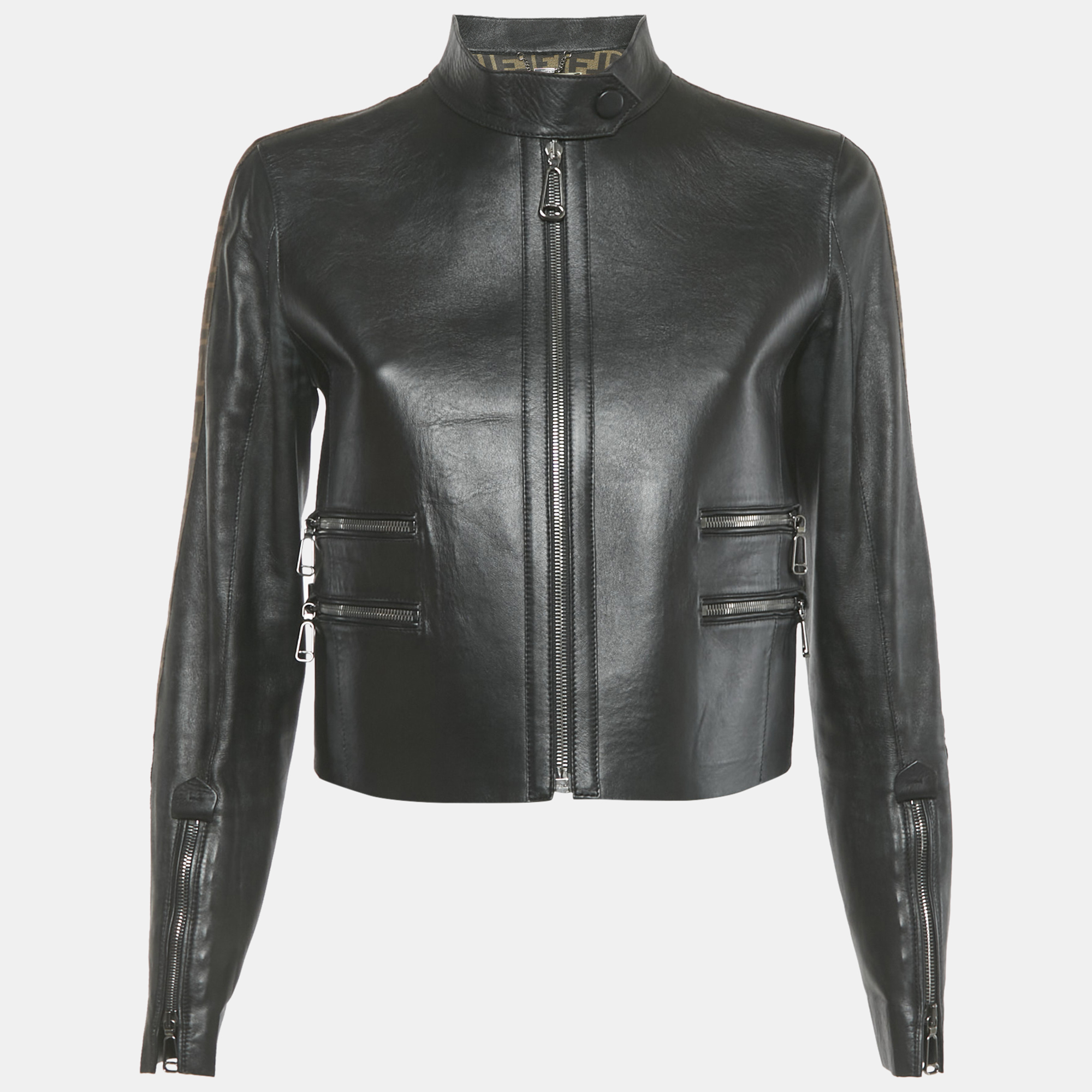 

Fendi Black Logo Band Trim Leather Jacket S