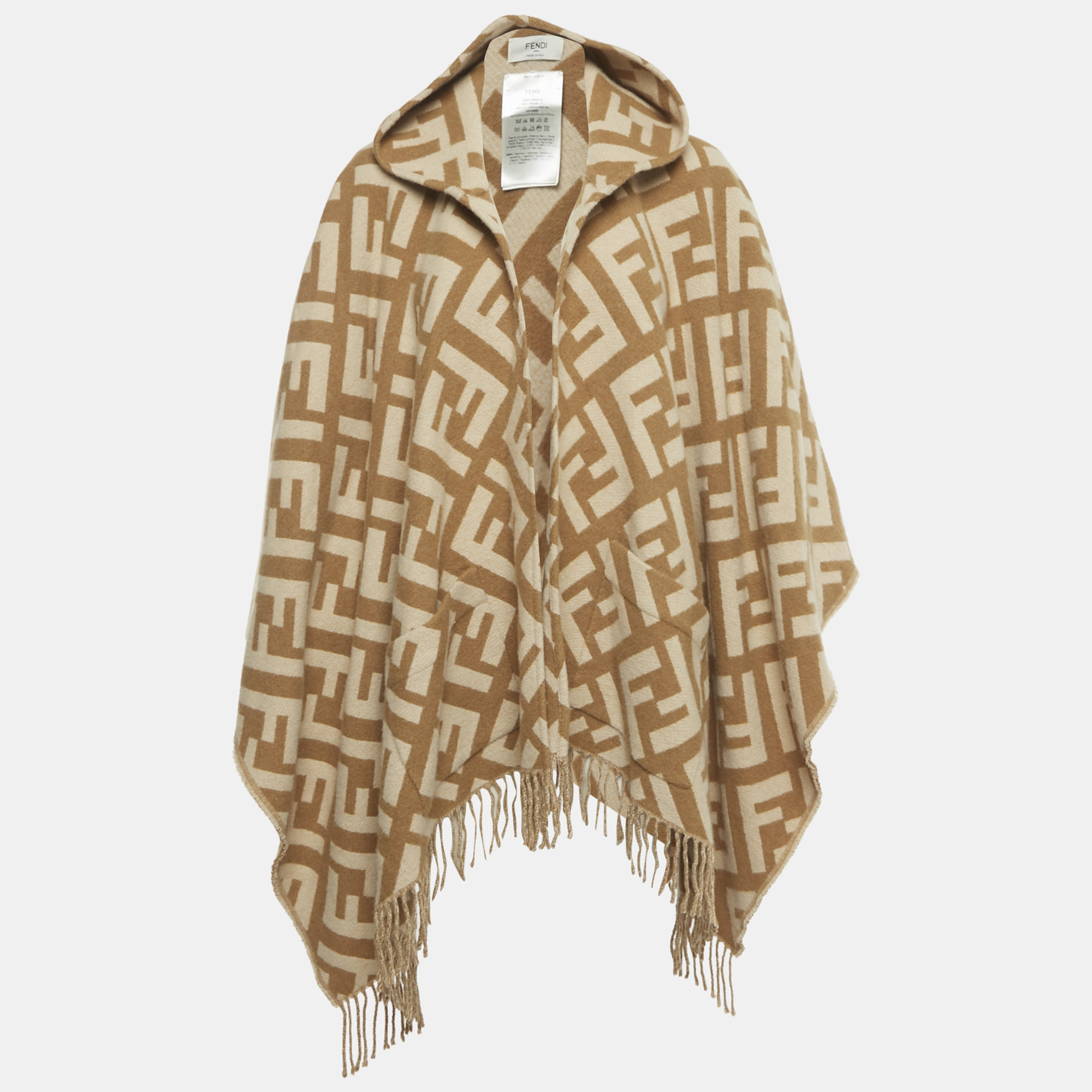 

Fendi Beige FF Monogram Intarsia Cashmere Fringed Poncho