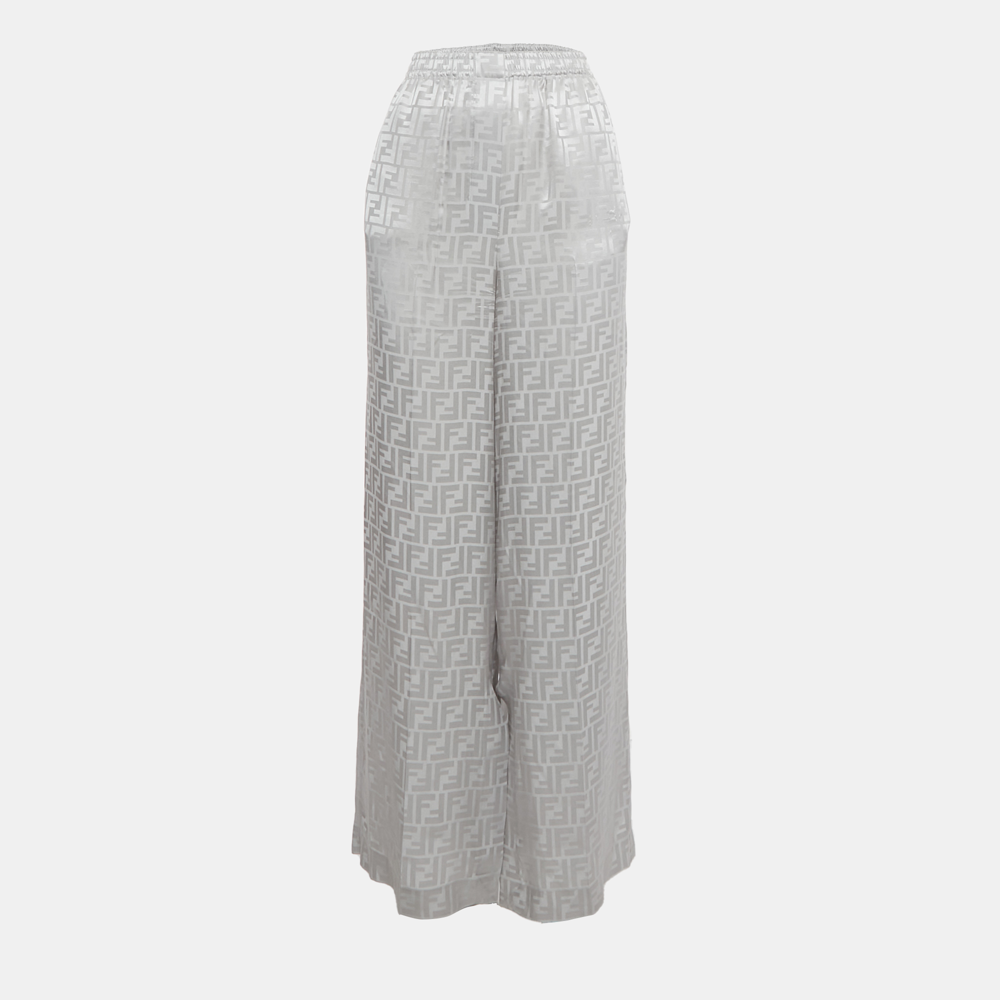 Pre-owned Fendi Grey Ff Jacquard Silk Wide-leg Trousers S In Gray