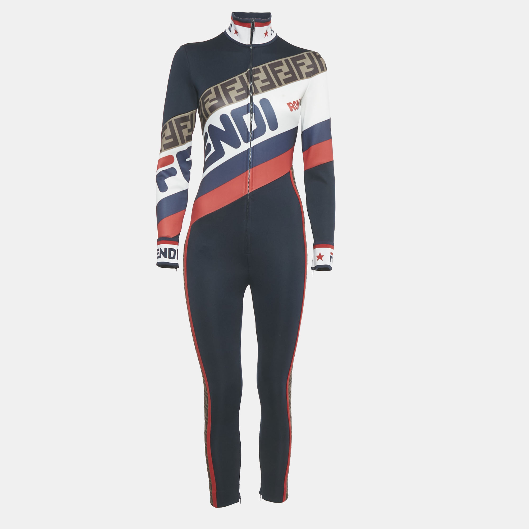 

Fendi Navy Blue Logo Print Jersey Zucca Tape Trimmed Jumpsuit S