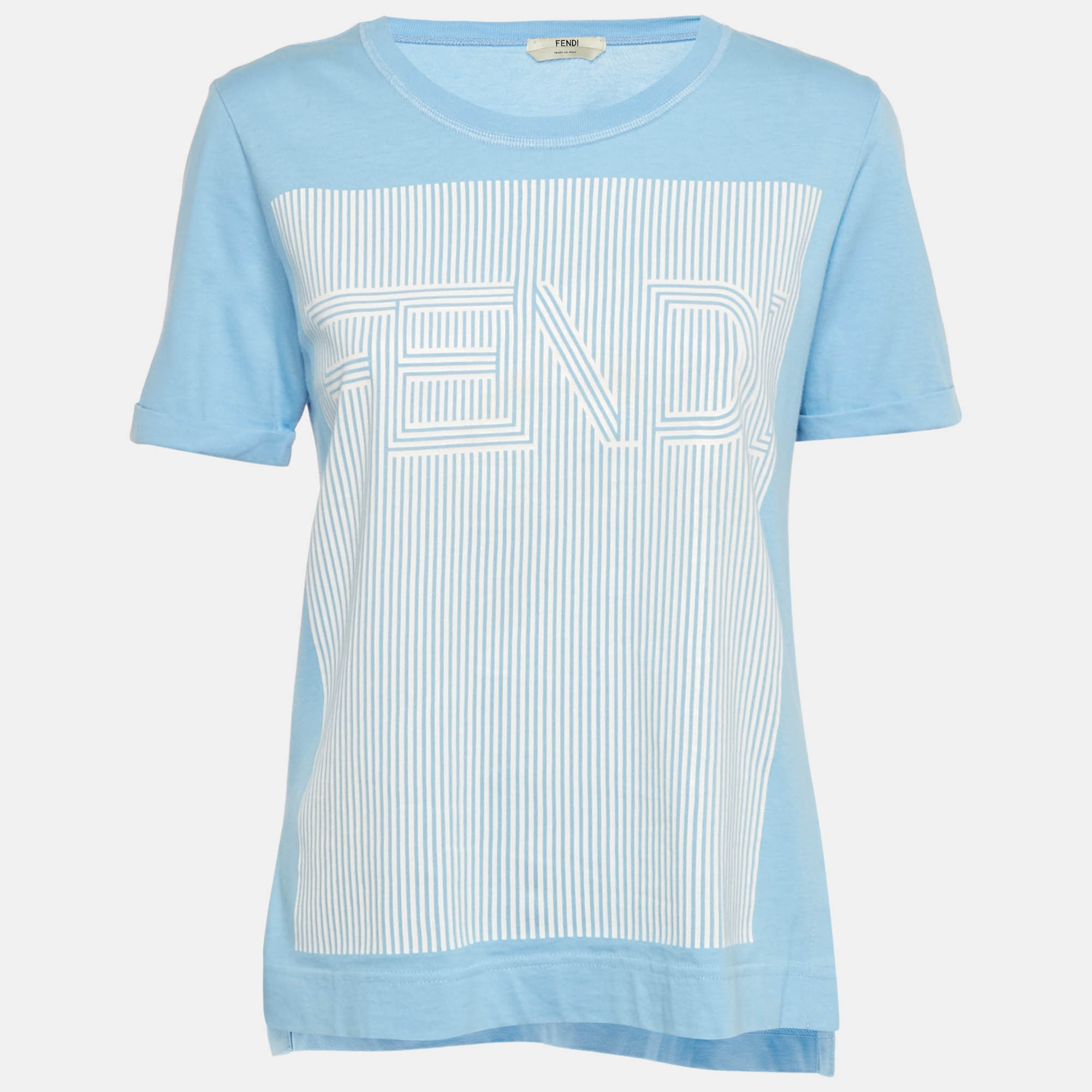 Fendi Blue Stripe Logo Print Cotton T-shirt S