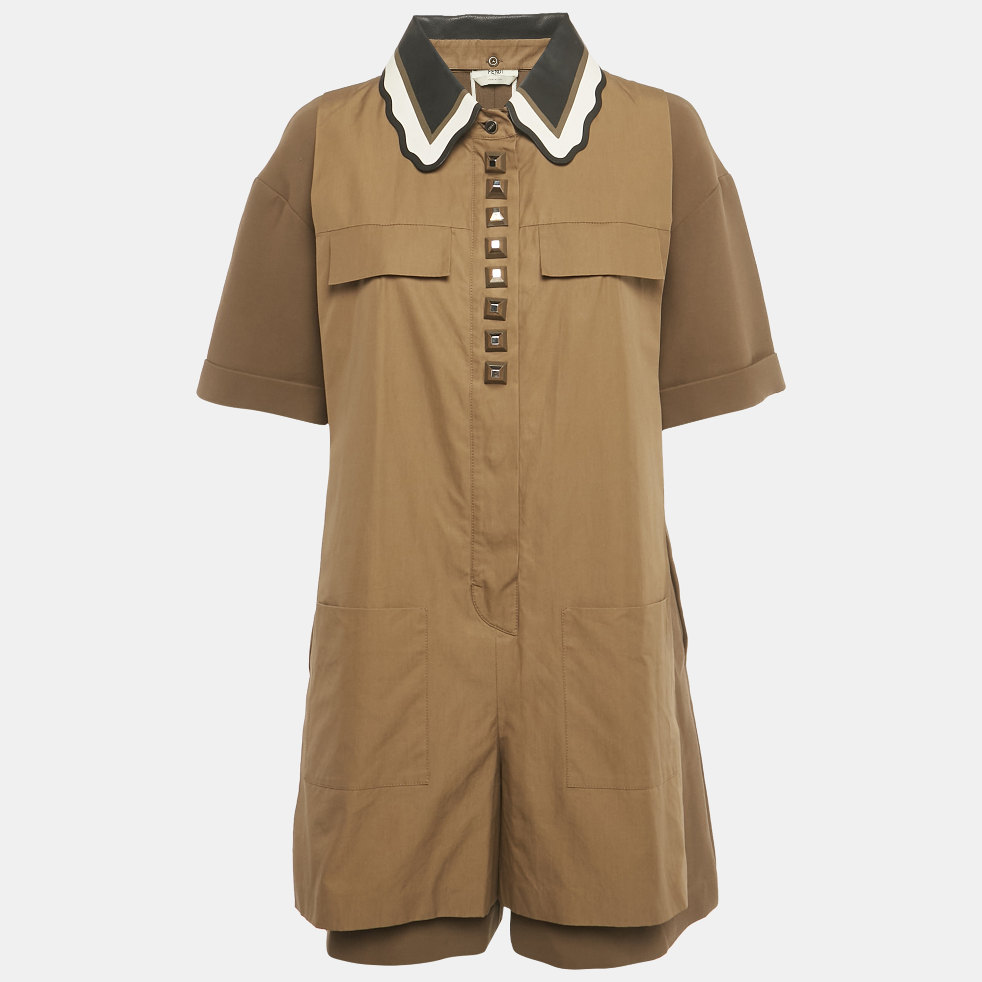 Pre-owned Fendi Khaki Green Cotton Layered Playsuit L
