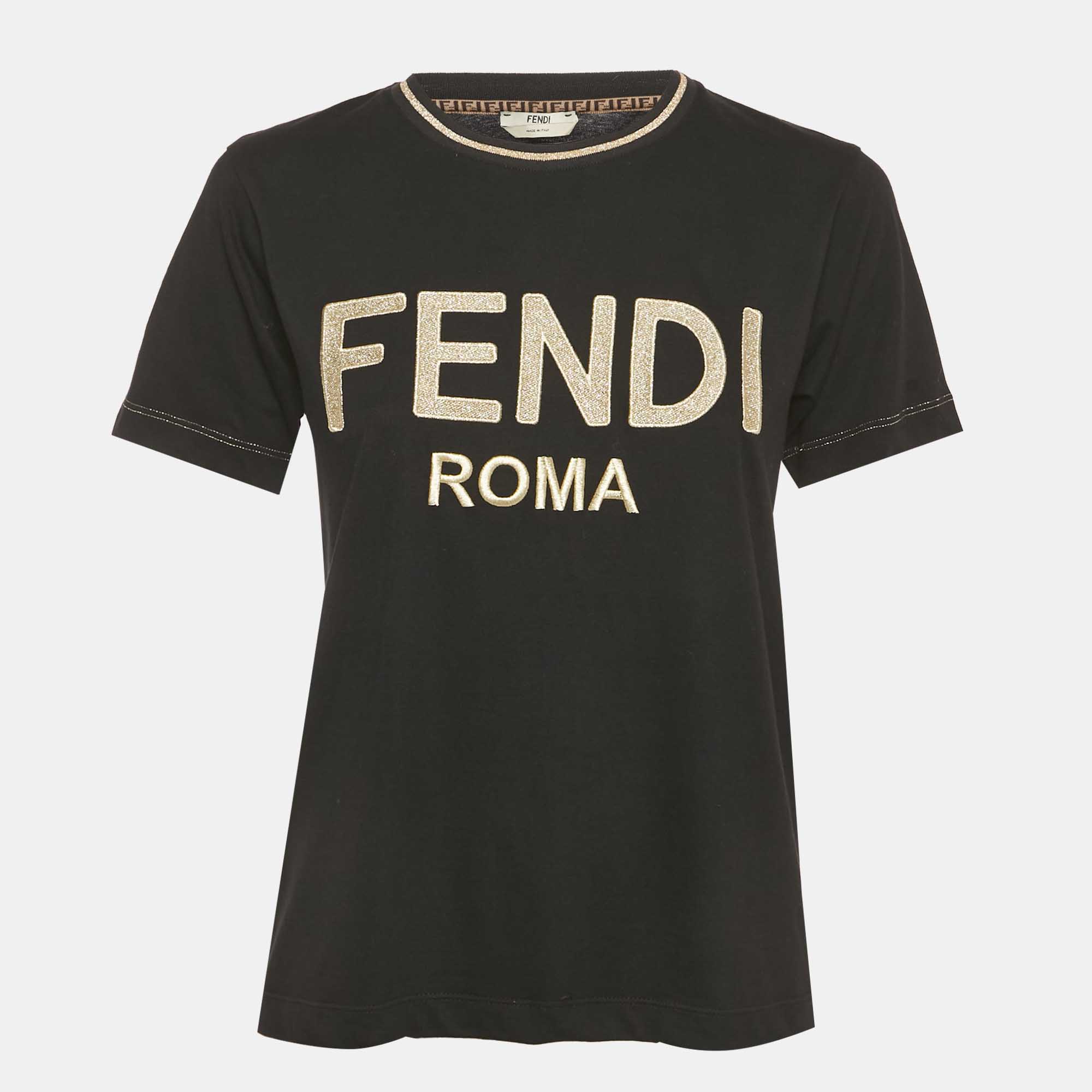 

Fendi Black Logo Embroidered Cotton Crewneck T-Shirt XS