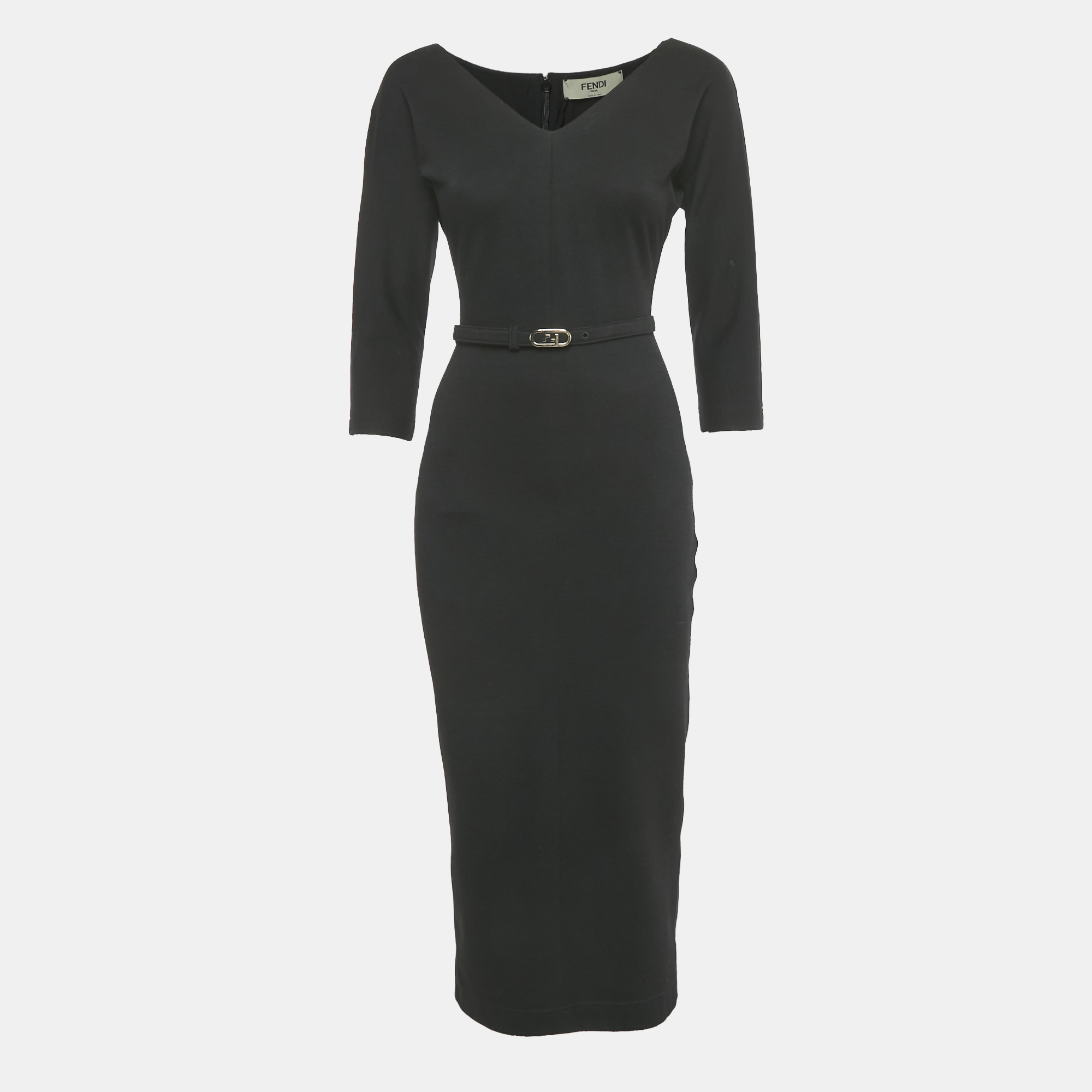 Pre-owned Fendi Black Wool Blend Belted Midi Dress S