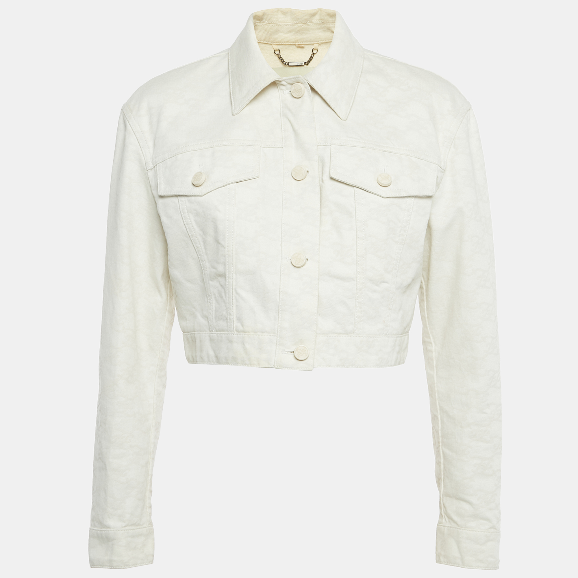 

Fendi Cream FF Calligraphy Motif Cropped Denim Jacket L
