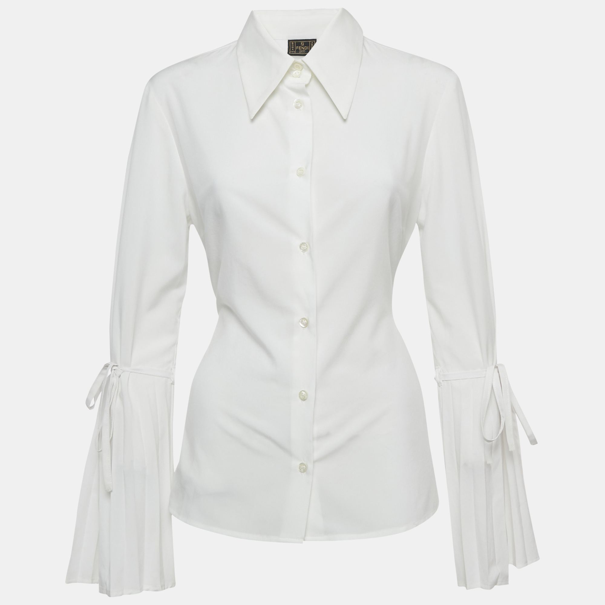 Pre-owned Fendi White Crepe Button Front Tie-up Detail Blouse L