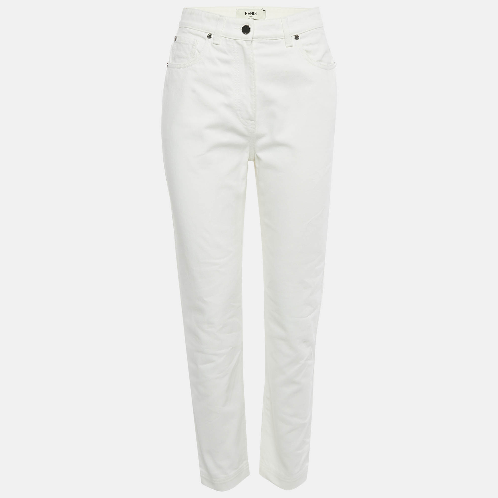 

Fendi White Denim Logo Embossed Mom Fit Jeans S Waist 26"