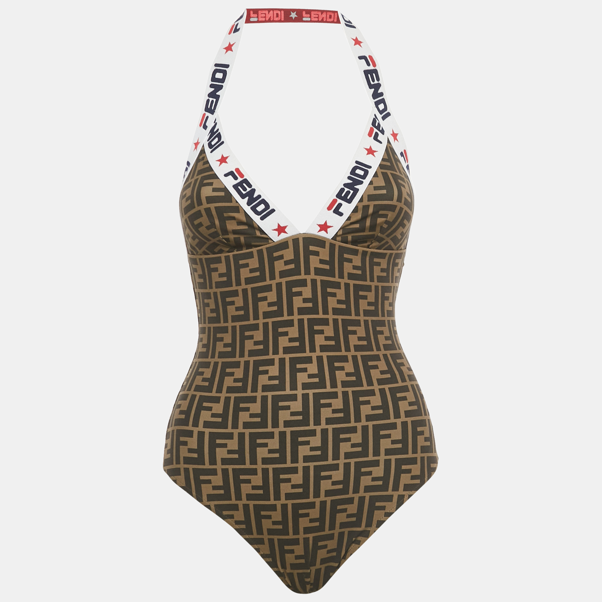 

Fendi Brown Zucca Print Jersey Logo Tape Detail Swimsuit S