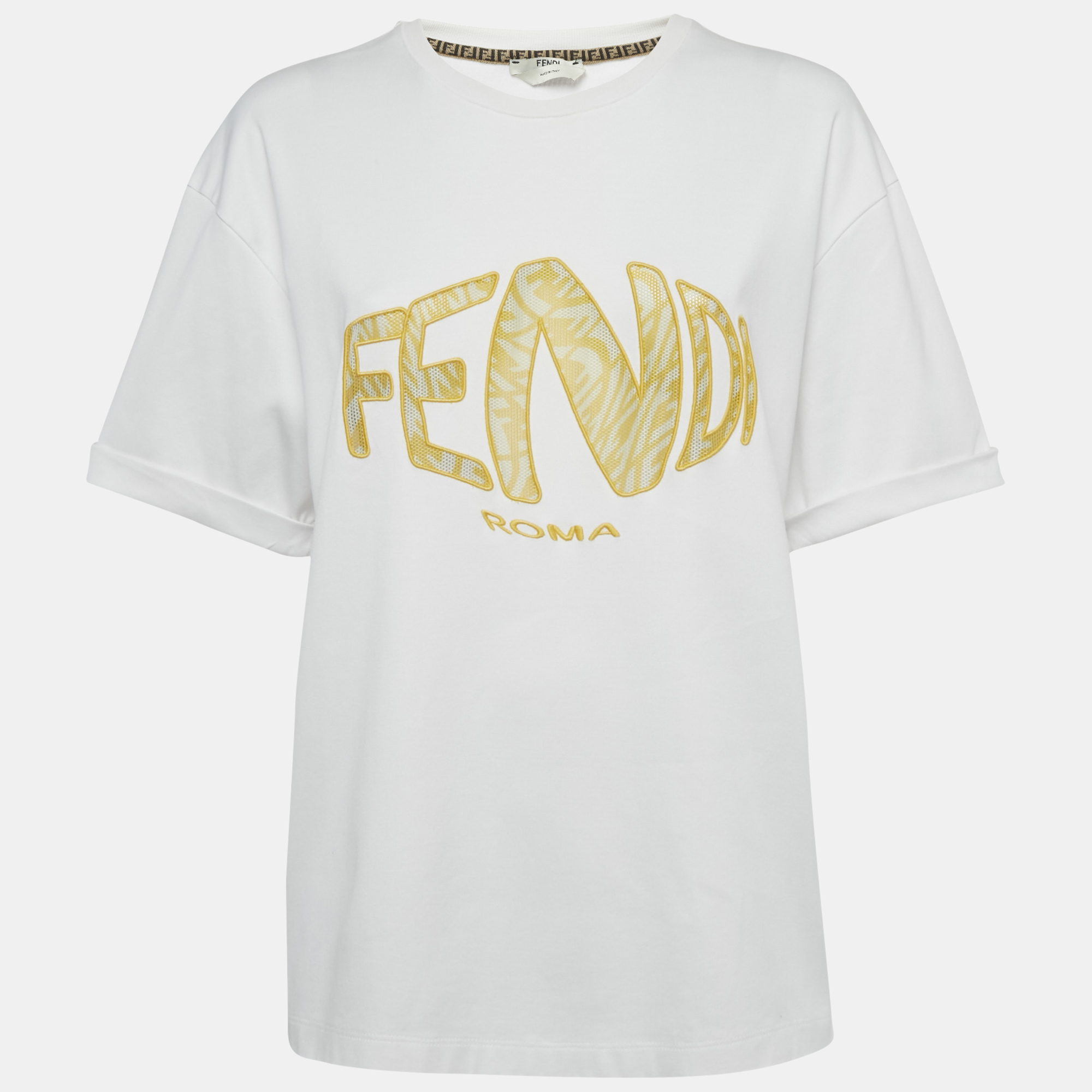 

Fendi White Cotton Mesh Fish Eye Logo Detail Short Sleeve T-Shirt M