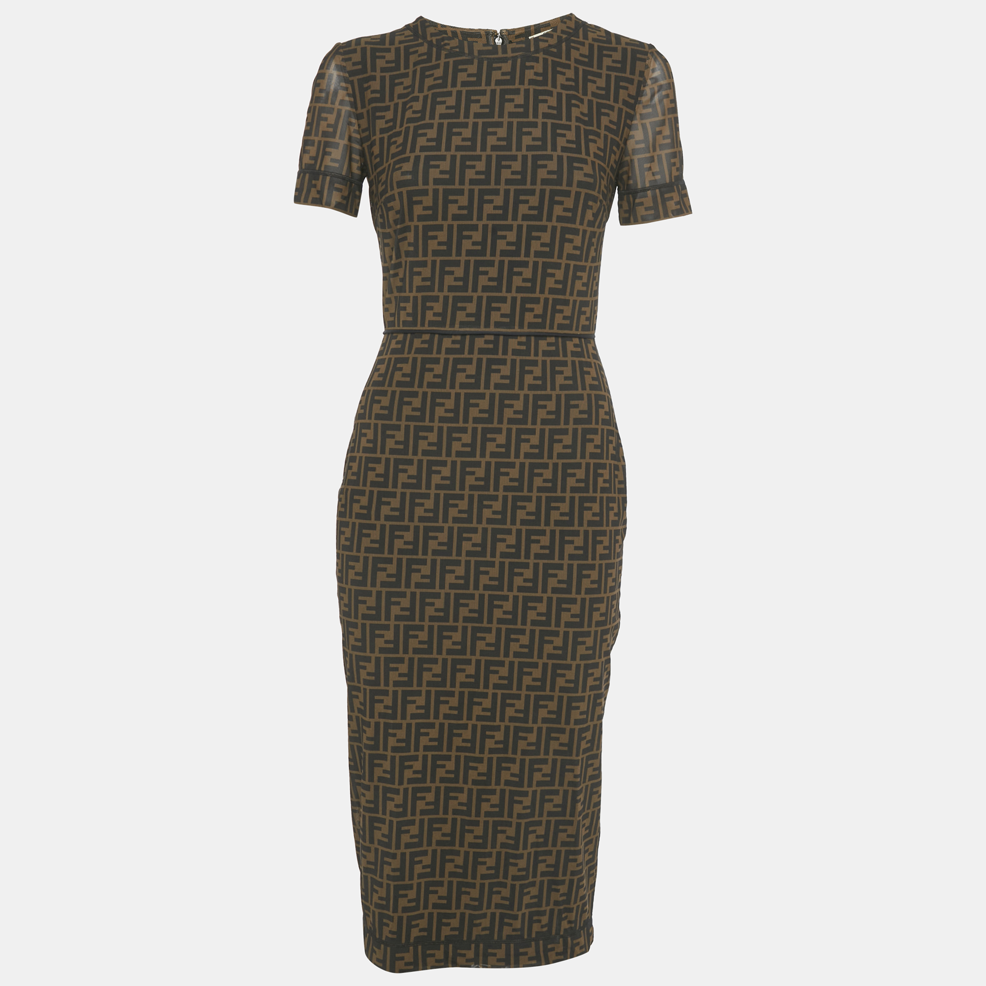Pre-owned Fendi Brown Zucca Monogram Print Mesh Midi Dress S