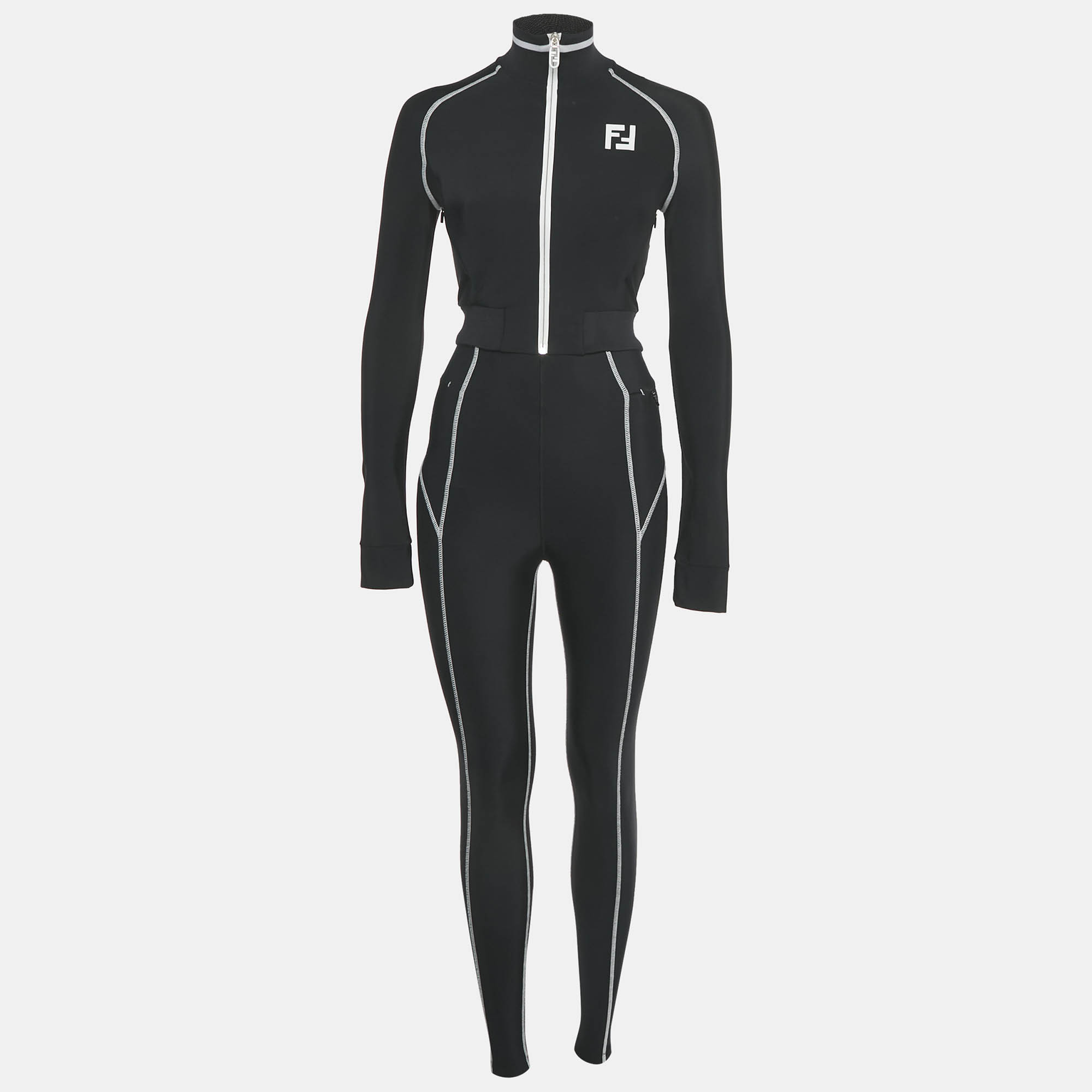 Pre-owned Fendi Black Zucca Print Technical Jersey Zip-up Jacket And Leggings Set Xs