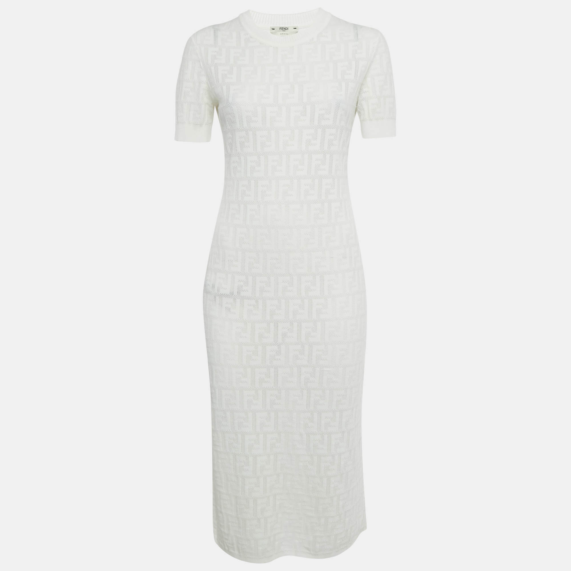 Pre-owned Fendi White Monogram Cotton Knit Midi Dress S