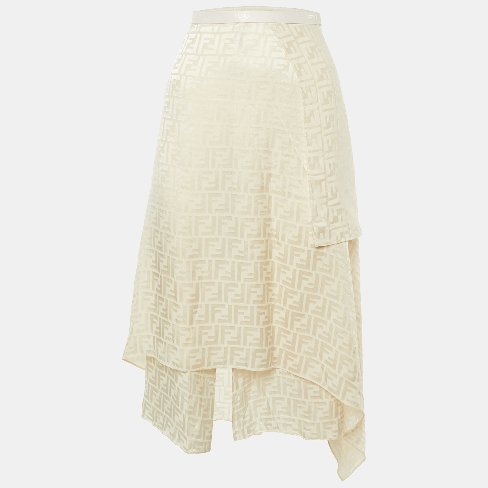 

Fendi Cream FF Jacquard Silk Asymmetric Wrap Skirt XS