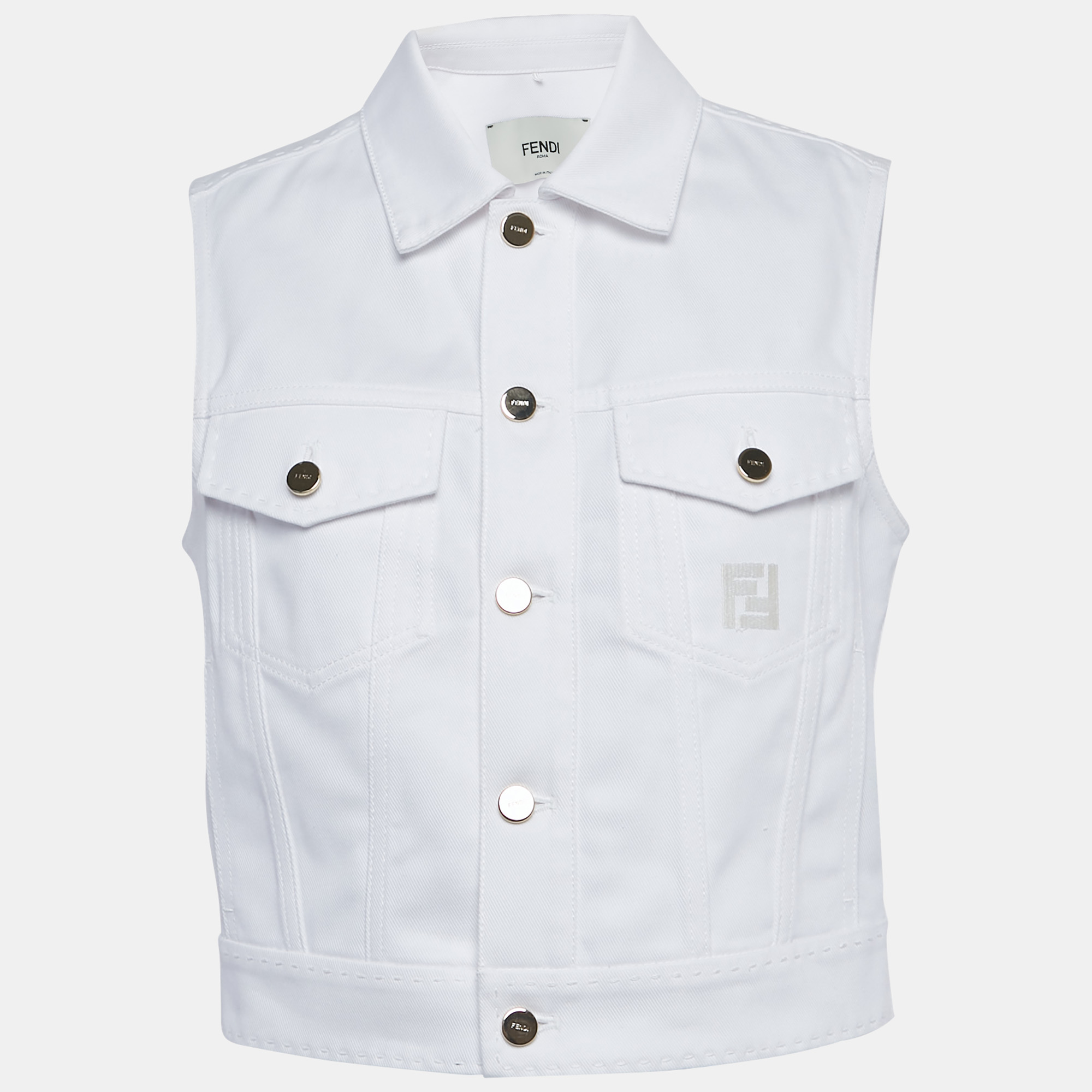 Pre-owned Fendi White Logo Embroidered Denim Gillet Jacket S