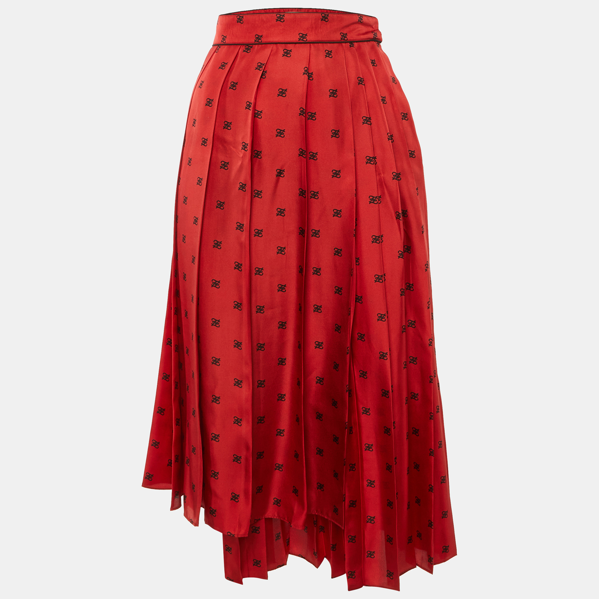 Pre-owned Fendi Red Karligraphy Print Silk Pleated Midi Skirt S