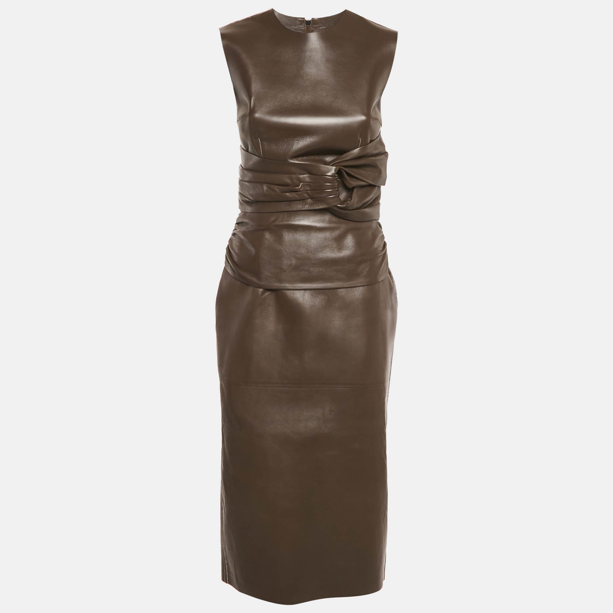 

Fendi X Skims Brown Leather Pleated Detail Midi Dress S
